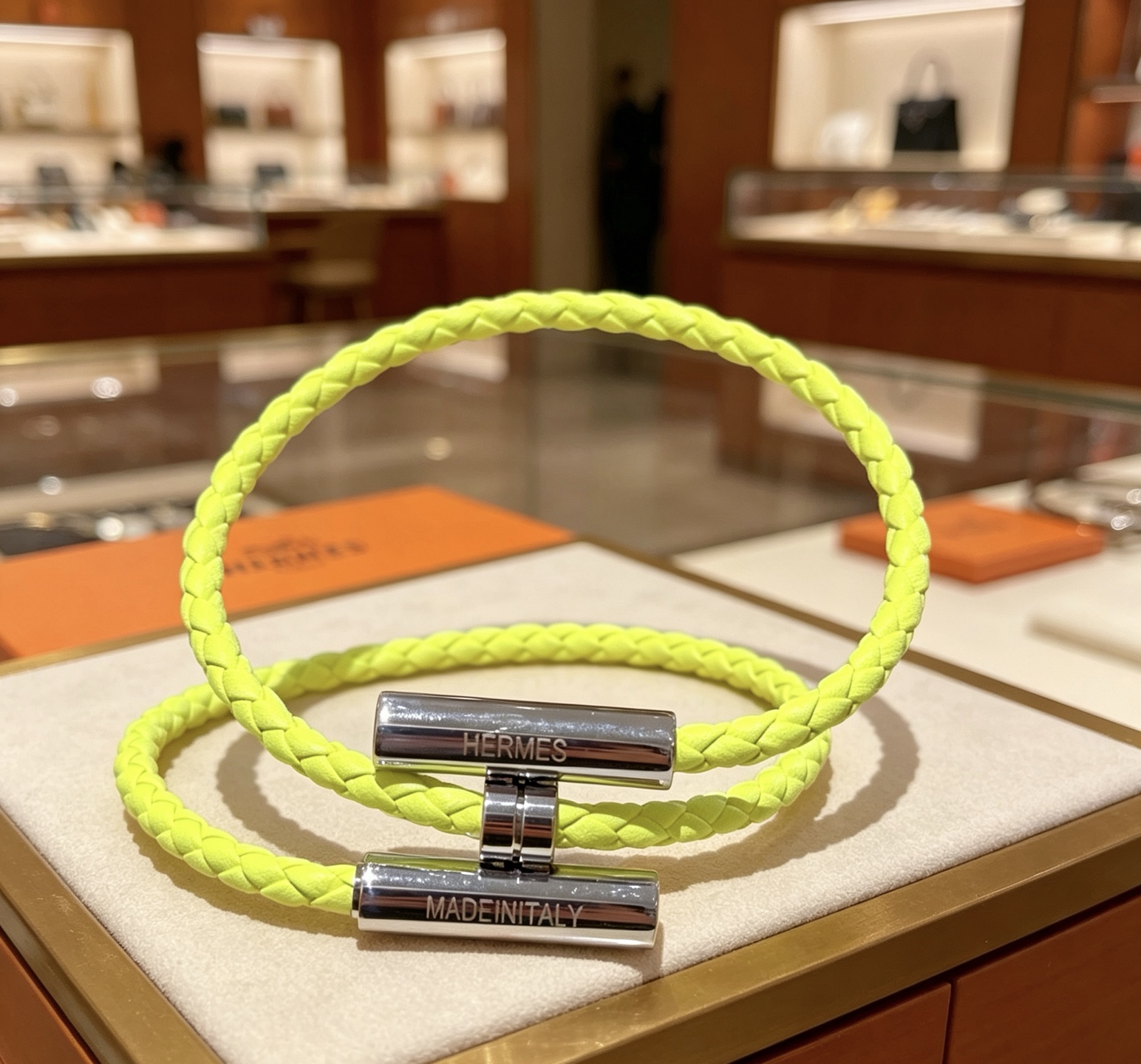 Hermes Tournis Tresse bracelet Lime yellow braided leather palladium plated silver hardware T4 19cm
