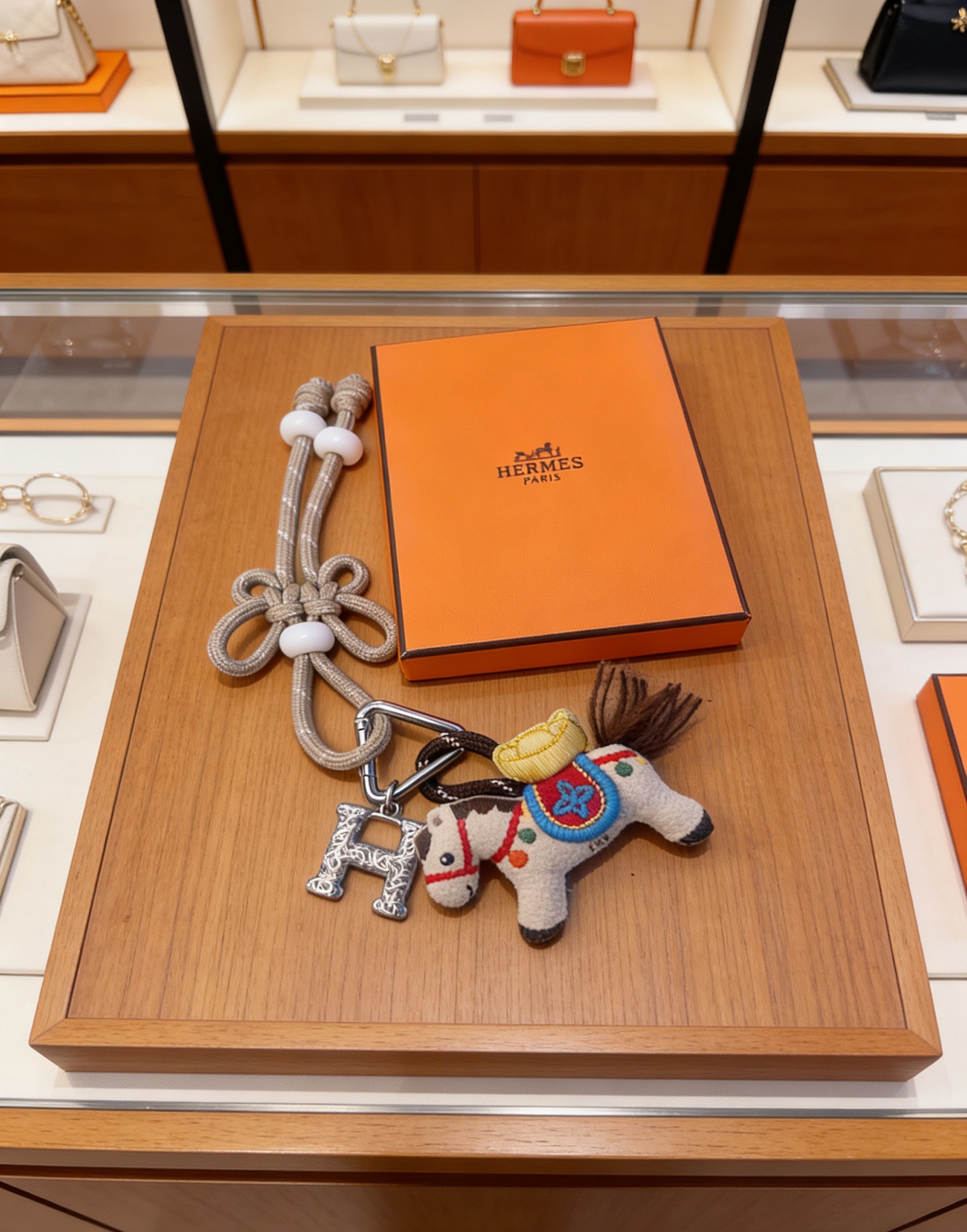 Hermes Rodeo Pegase Horse H Charm Keychain pendant Silver-tone metal beige felt with multicolor embroidery beige cord with white beads brown felt tail 12cm total length
