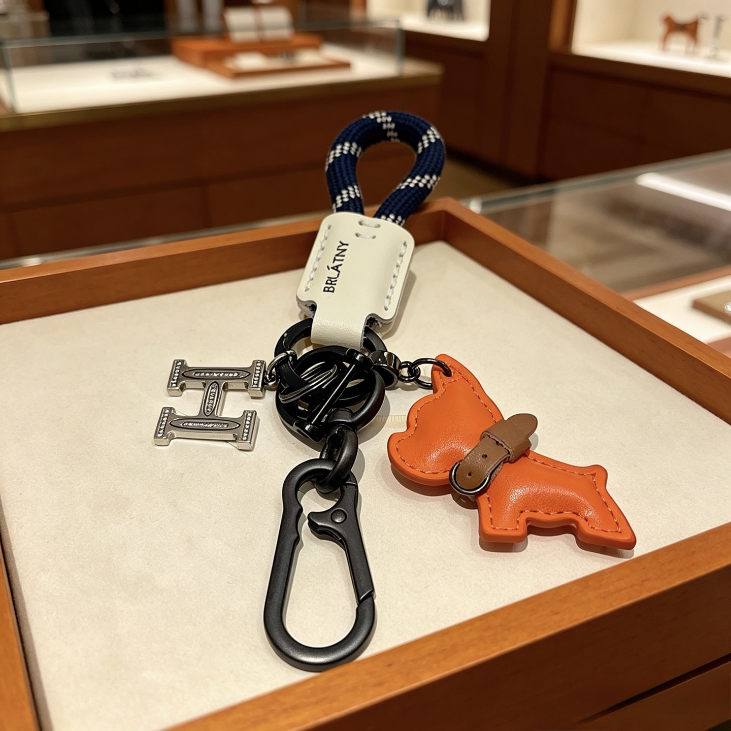 Hermes BRLATNY Puppy H Charm Keychain pendant Gunmetal hardware navy blue with white check woven strap off-white leather tag orange leather puppy charm with brown leather collar clear crystal accents on H charm 10cm total length