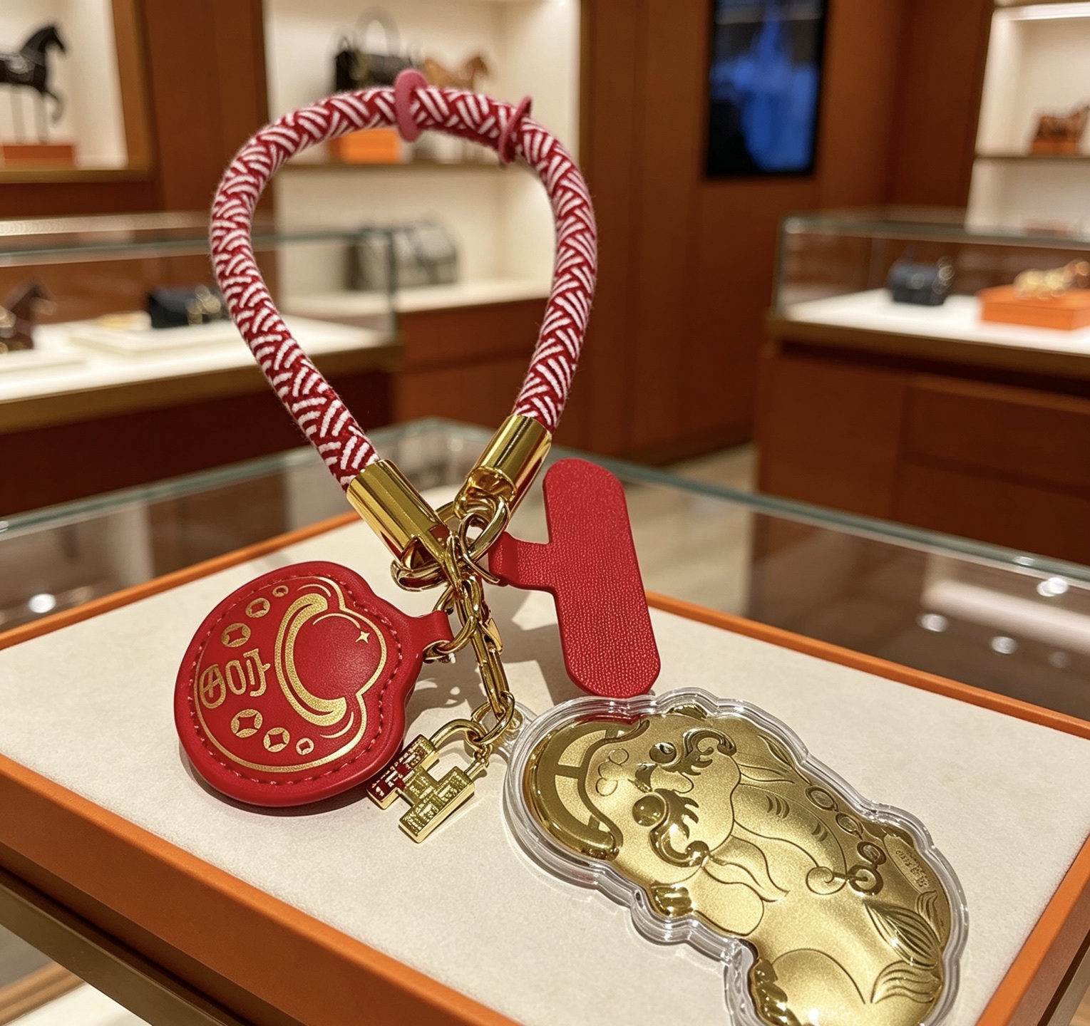 Hermes Lunar New Year Pixiu Key Charm pendant Gold-tone metal red and white braided cord red leather 15cm loop length