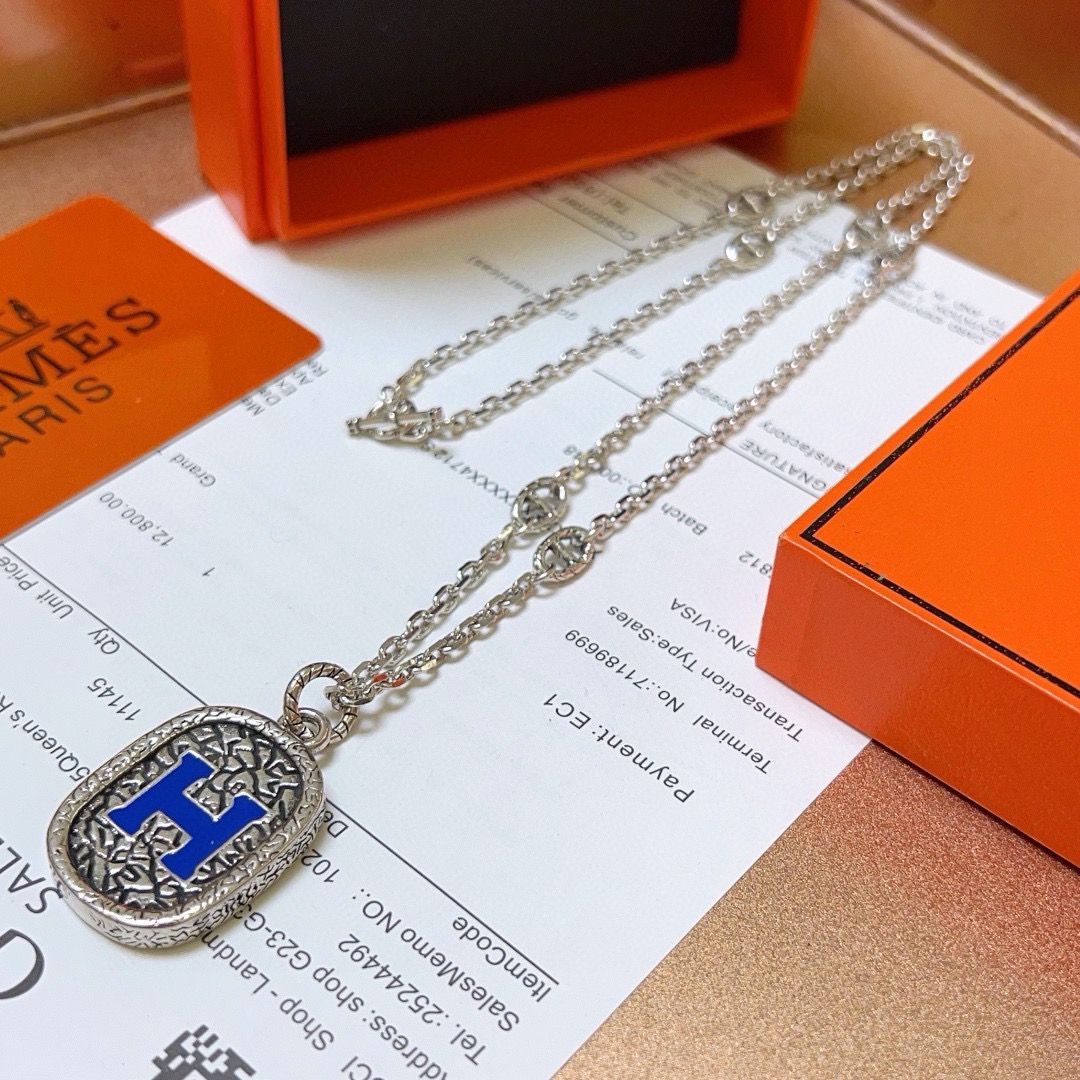 Hermes H Logo Enamel Dog Tag Pendant Necklace necklace Silver-toned metal with blue enamel H detail 60cm