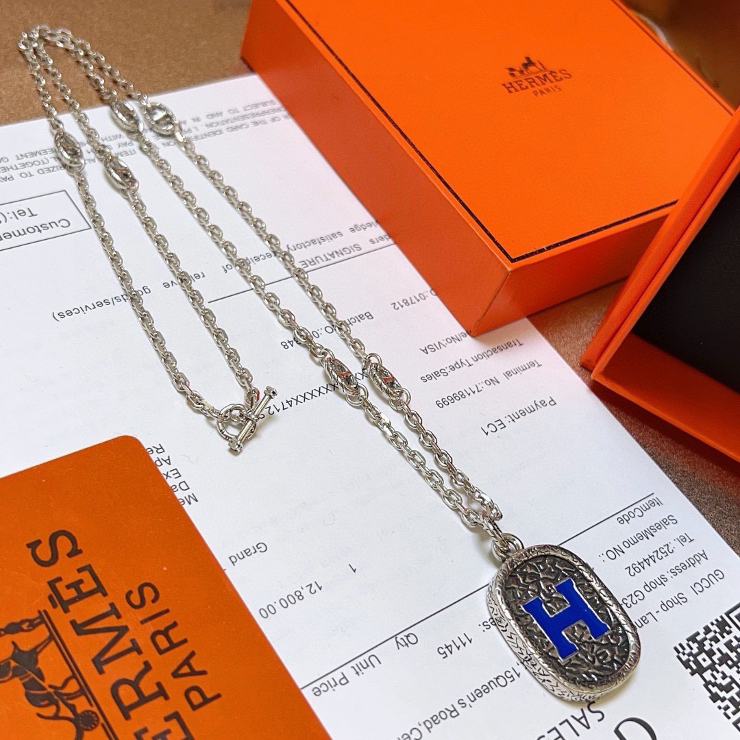 Hermes H Logo Enamel Dog Tag Pendant Necklace necklace Silver-toned metal with blue enamel H detail 60cm