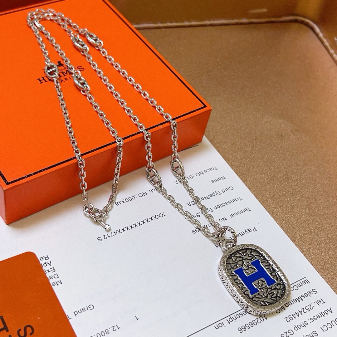 Hermes H Logo Enamel Dog Tag Pendant Necklace necklace Silver-toned metal with blue enamel H detail 60cm
