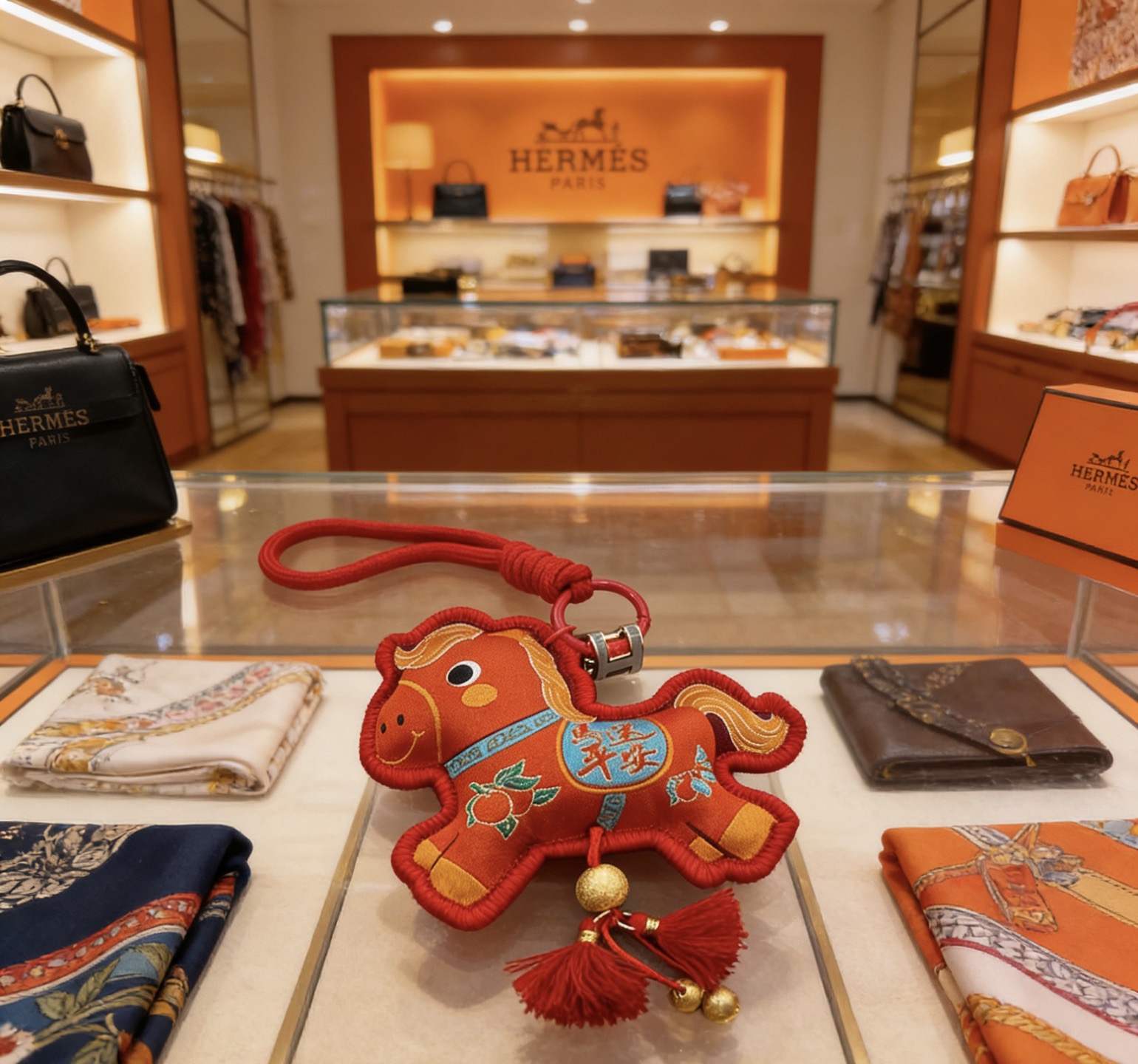 Hermes Rodeo Chinese New Year Horse Charm pendant Red fabric with gold embroidery blue accent details gold metal hardware red tassels 10cm charm with 8cm hanging cord
