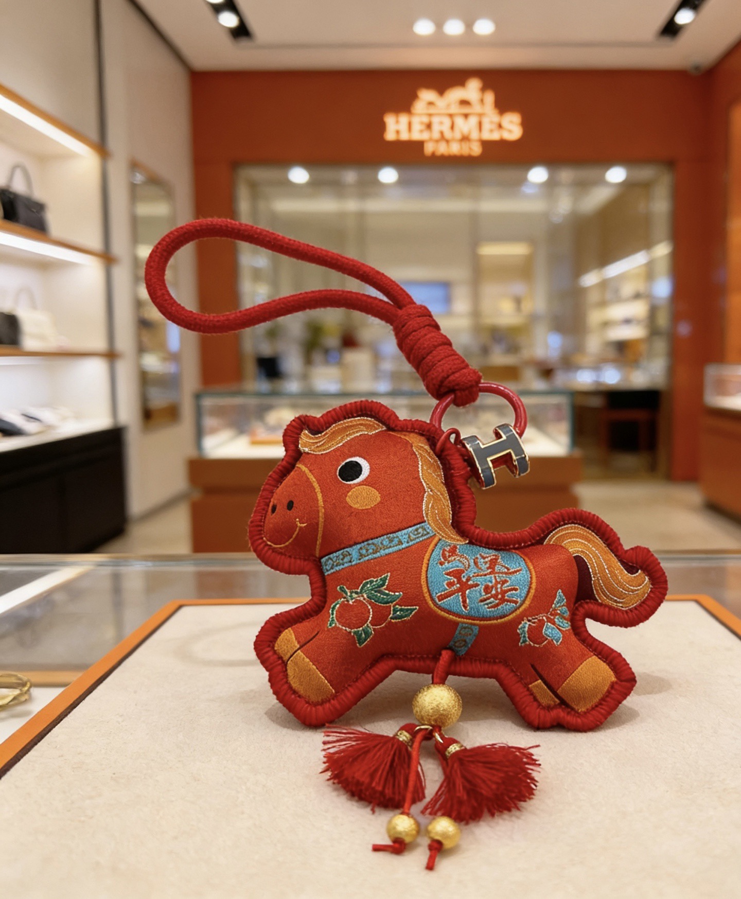 Hermes Rodeo Chinese New Year Horse Charm pendant Red fabric with gold embroidery blue accent details gold metal hardware red tassels 10cm charm with 8cm hanging cord