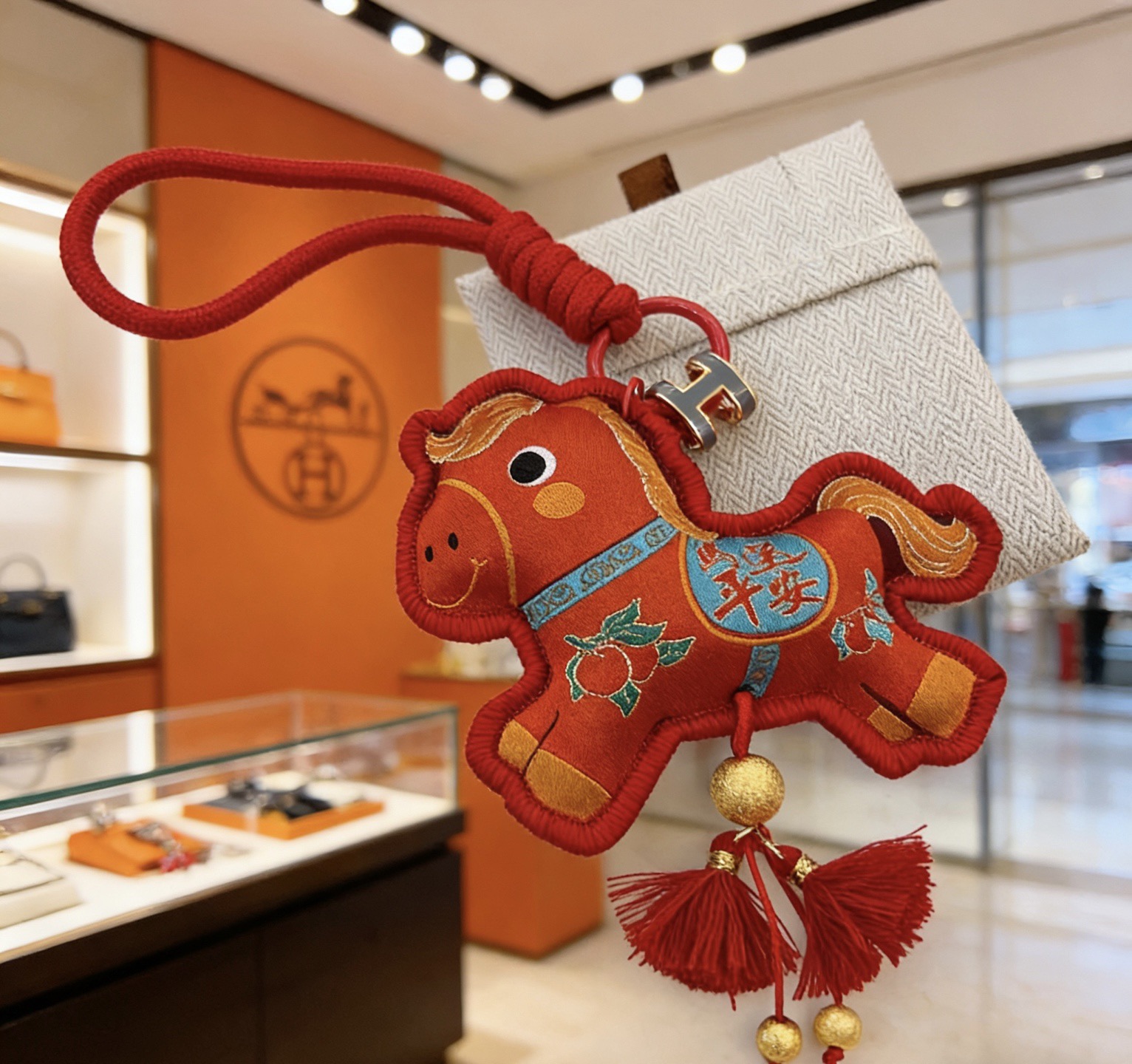 Hermes Rodeo Chinese New Year Horse Charm pendant Red fabric with gold embroidery blue accent details gold metal hardware red tassels 10cm charm with 8cm hanging cord