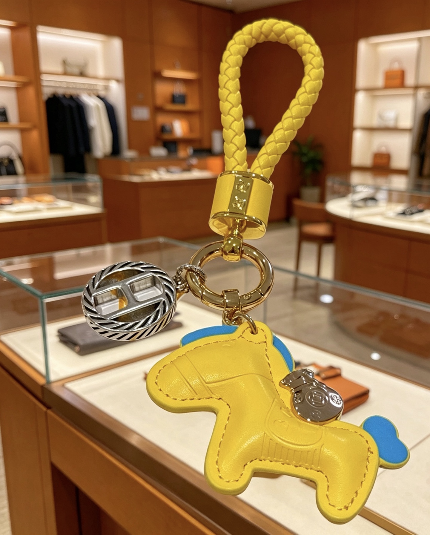 Hermes Rodeo Braided Key Charm pendant Yellow leather with blue accents gold-tone and silver-tone metal hardware 12cm total length