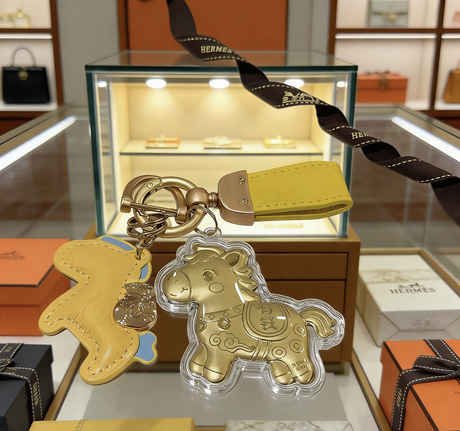 Hermes Rodeo Horse Charm Keychain pendant Yellow leather gold-tone metal light blue leather accents 12cm total length