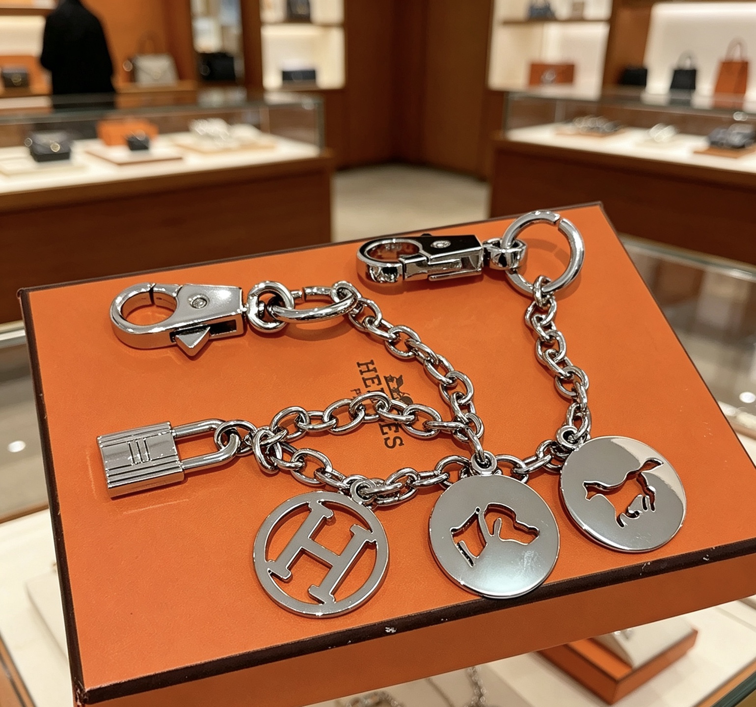 Hermes Olga Charm Keychain bracelet silver palladium metal 20cm