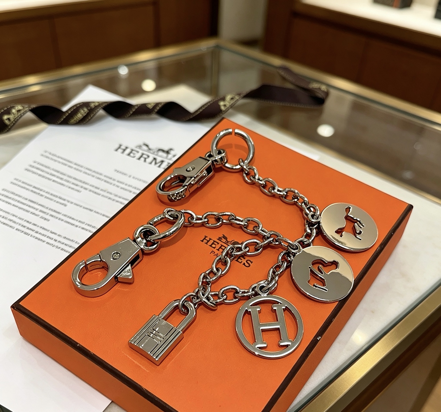 Hermes Olga Charm Llavero pulsera plata paladio metal 20cm