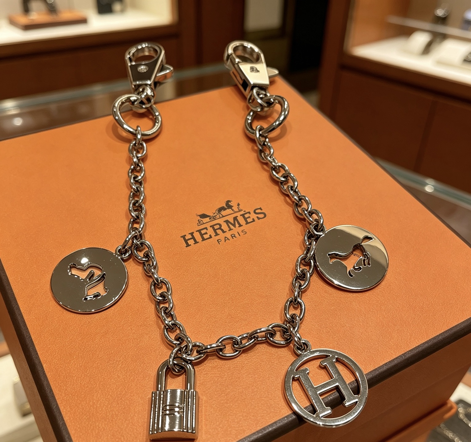 Hermes Olga Charm Keychain bracelet silver palladium metal 20cm