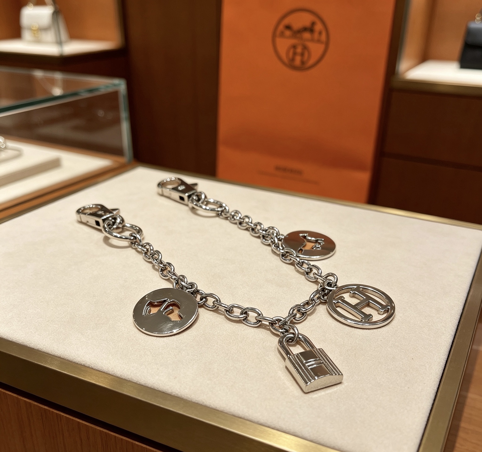 Hermes Olga Charm Keychain bracelet silver palladium metal 20cm