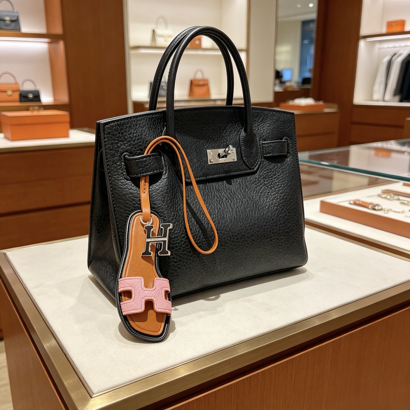 Hermes Oran Sandal Bag Charm pendant Brown black pink leather with silver-tone metal and clear diamond-like accent stones 12cm charm with 40cm leather strap