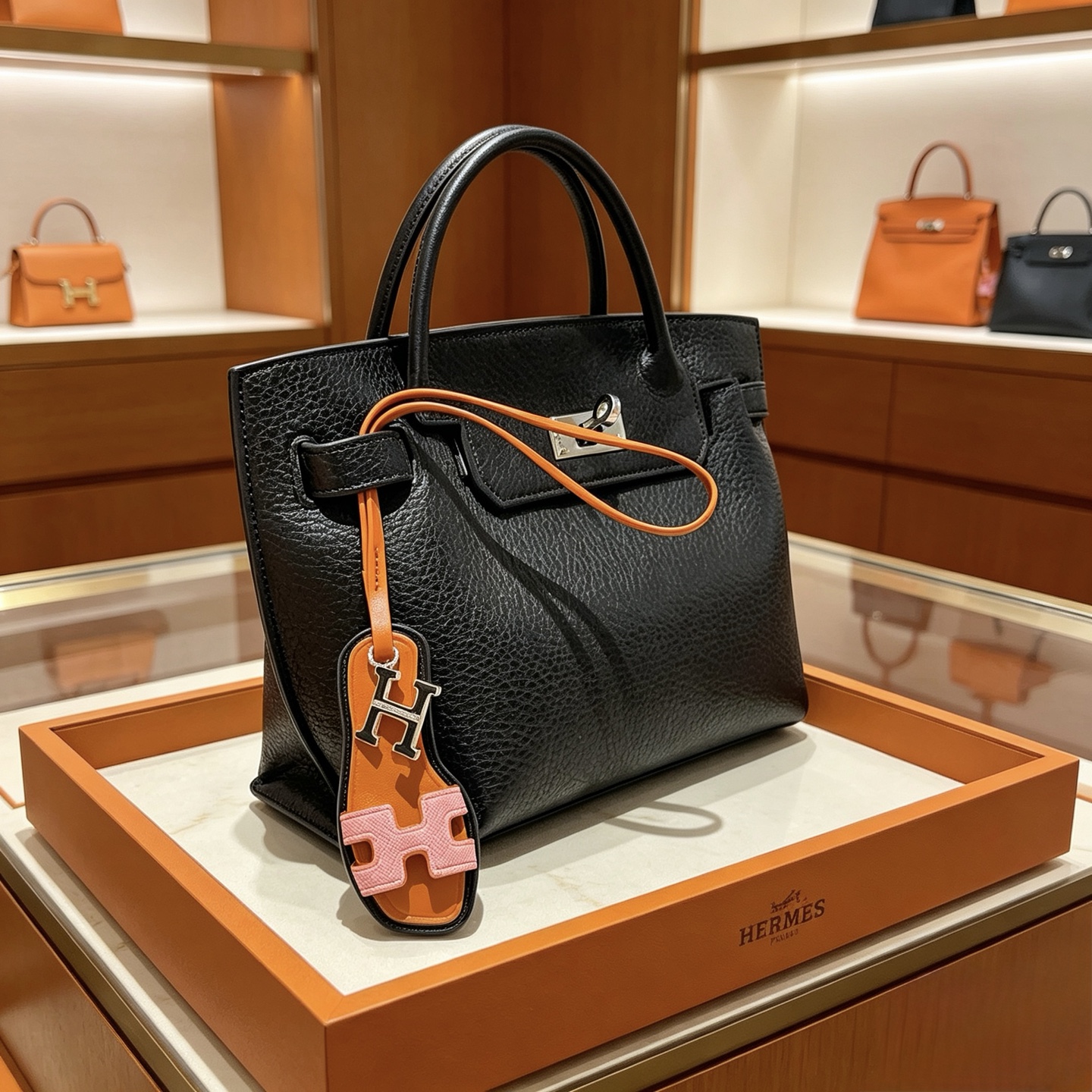 Hermes Oran Sandal Bag Charm colgante de cuero marrón, negro y rosa con metal en tono plateado y piedras decorativas transparentes con forma de diamante. Charm de 12 cm con correa de cuero de 40 cm.