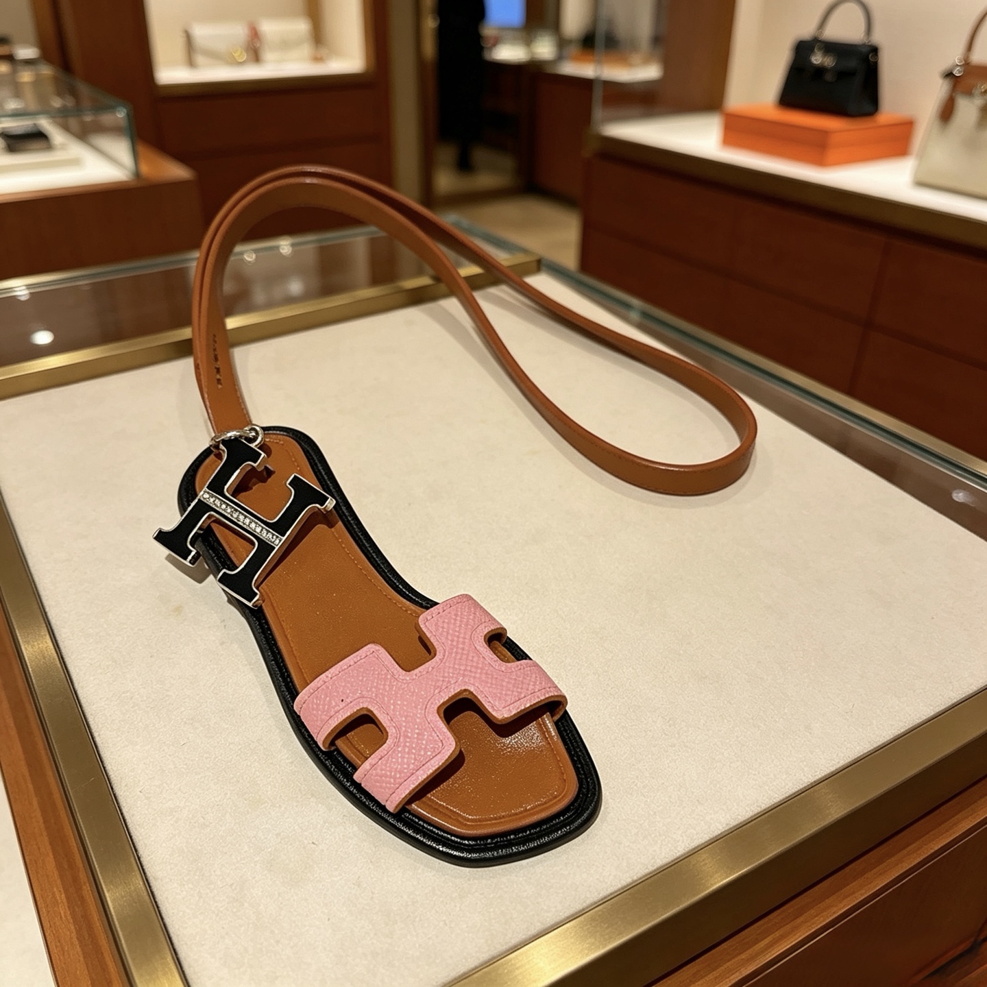 Hermes Oran Sandal Bag Charm pendant Brown black pink leather with silver-tone metal and clear diamond-like accent stones 12cm charm with 40cm leather strap