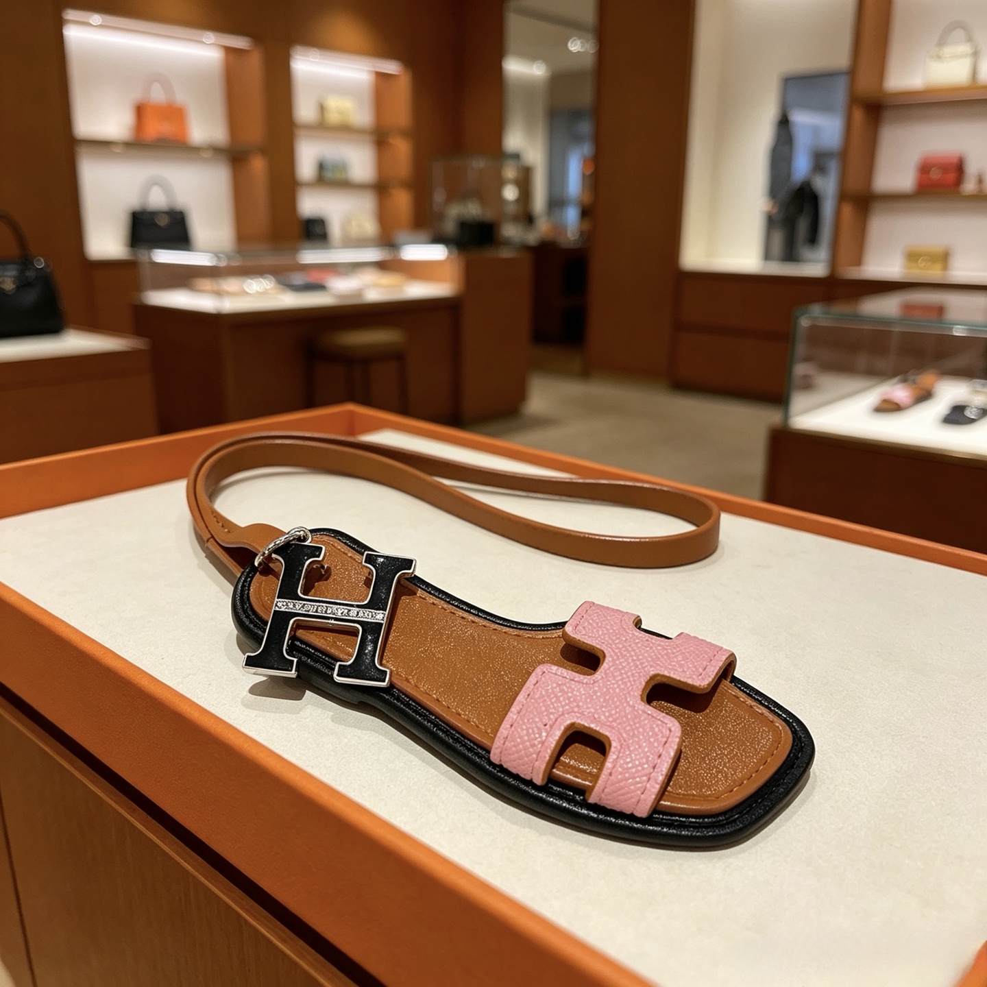 Hermes Oran Sandal Bag Charm pendant Brown black pink leather with silver-tone metal and clear diamond-like accent stones 12cm charm with 40cm leather strap