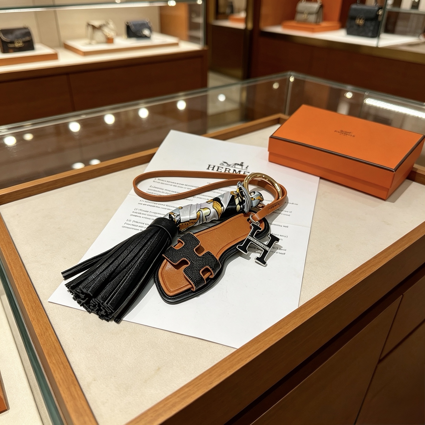 Hermes Oran Sandal Tassel Bag Charm pendant Gold-tone metal black grained leather tan smooth leather white silk with gold and black print 12cm total length