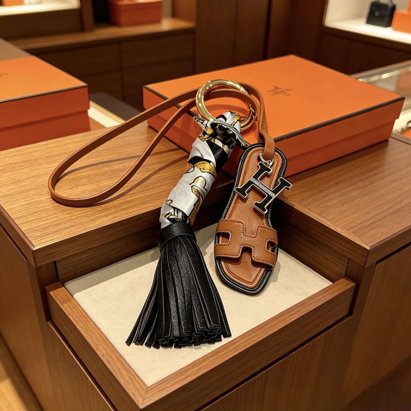 Hermes Oran Sandal Tassel Bag Charm pendant Gold-tone metal black grained leather tan smooth leather white silk with gold and black print 12cm total length