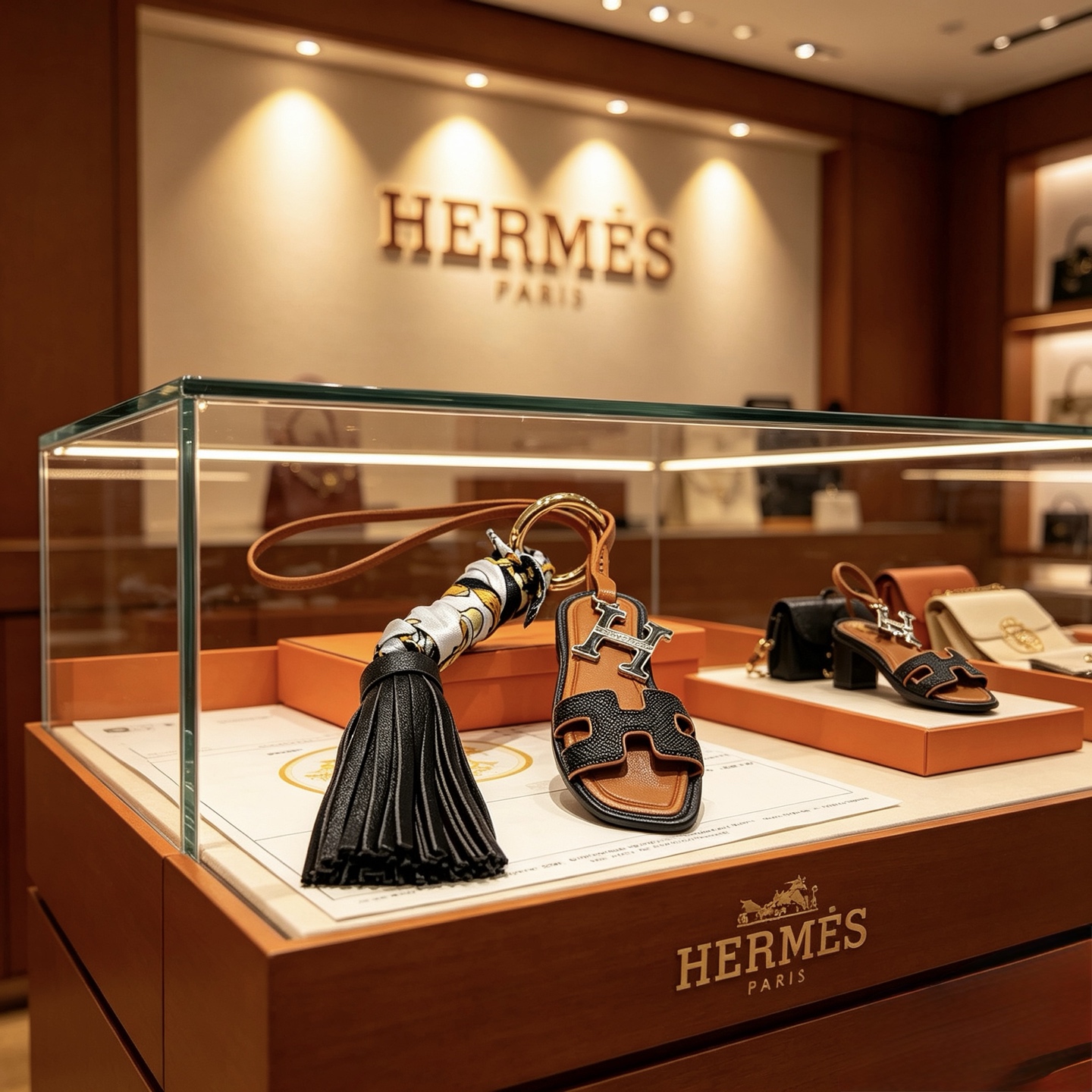 Hermes Oran Sandal Tassel Bag Charm pendentif Métal doré cuir grainé noir cuir lisse beige soie blanche avec imprimé doré et noir longueur totale 12 cm