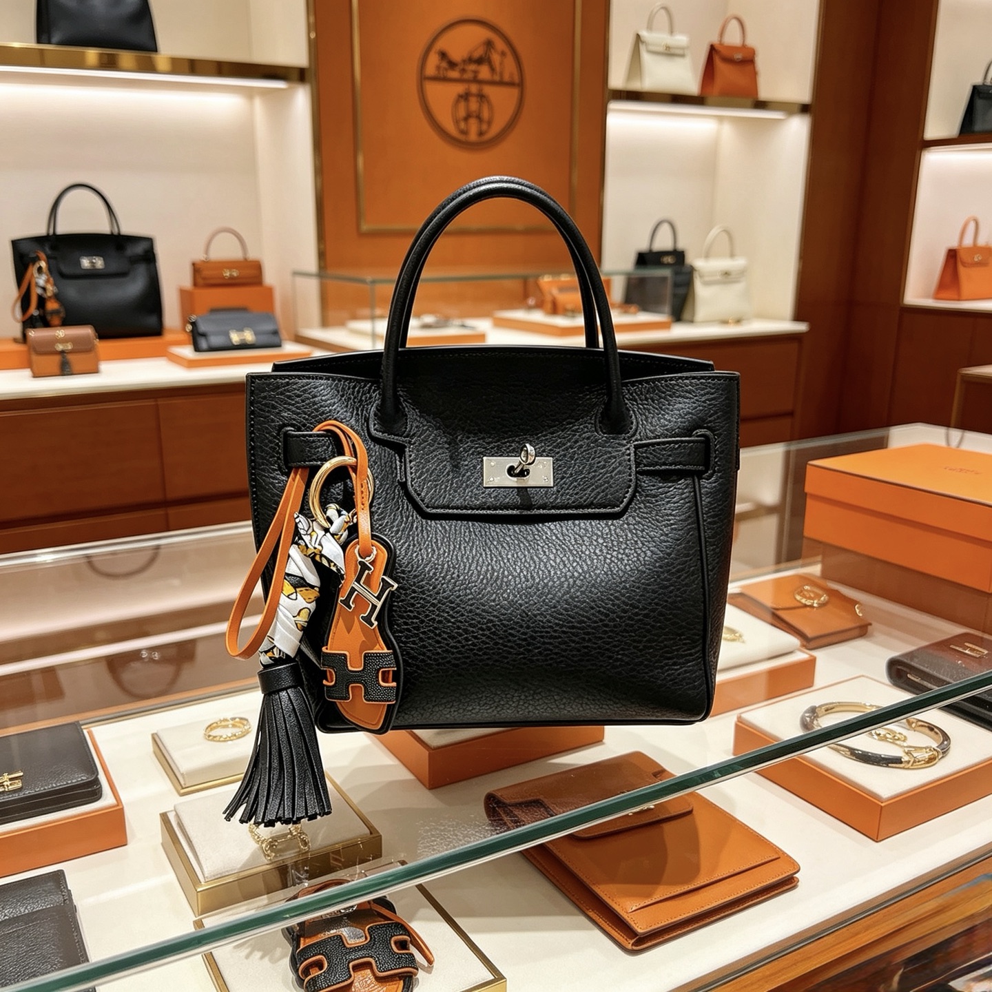 Hermes Oran Sandal Tassel Bag Charm pendant Gold-tone metal black grained leather tan smooth leather white silk with gold and black print 12cm total length