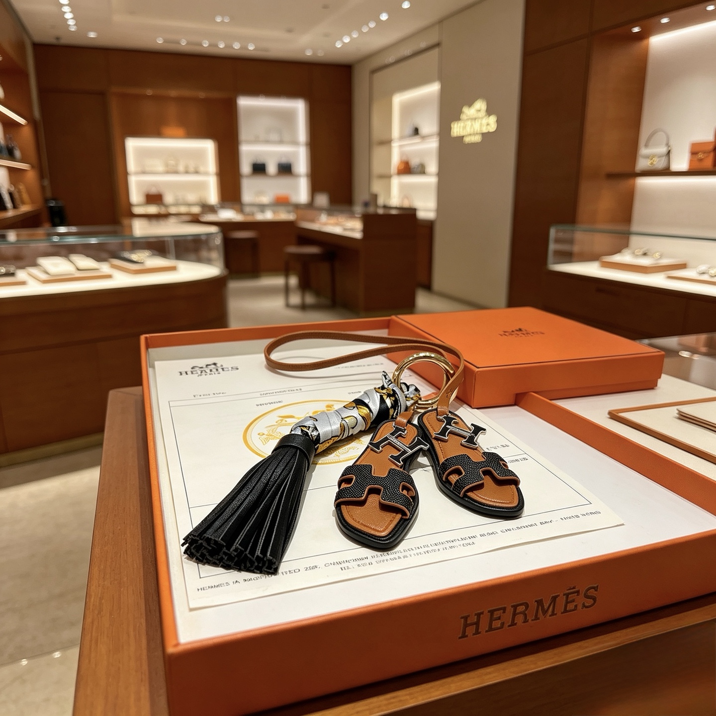 Hermes Oran Sandal Tassel Bag Charm pendant Gold-tone metal black grained leather tan smooth leather white silk with gold and black print 12cm total length