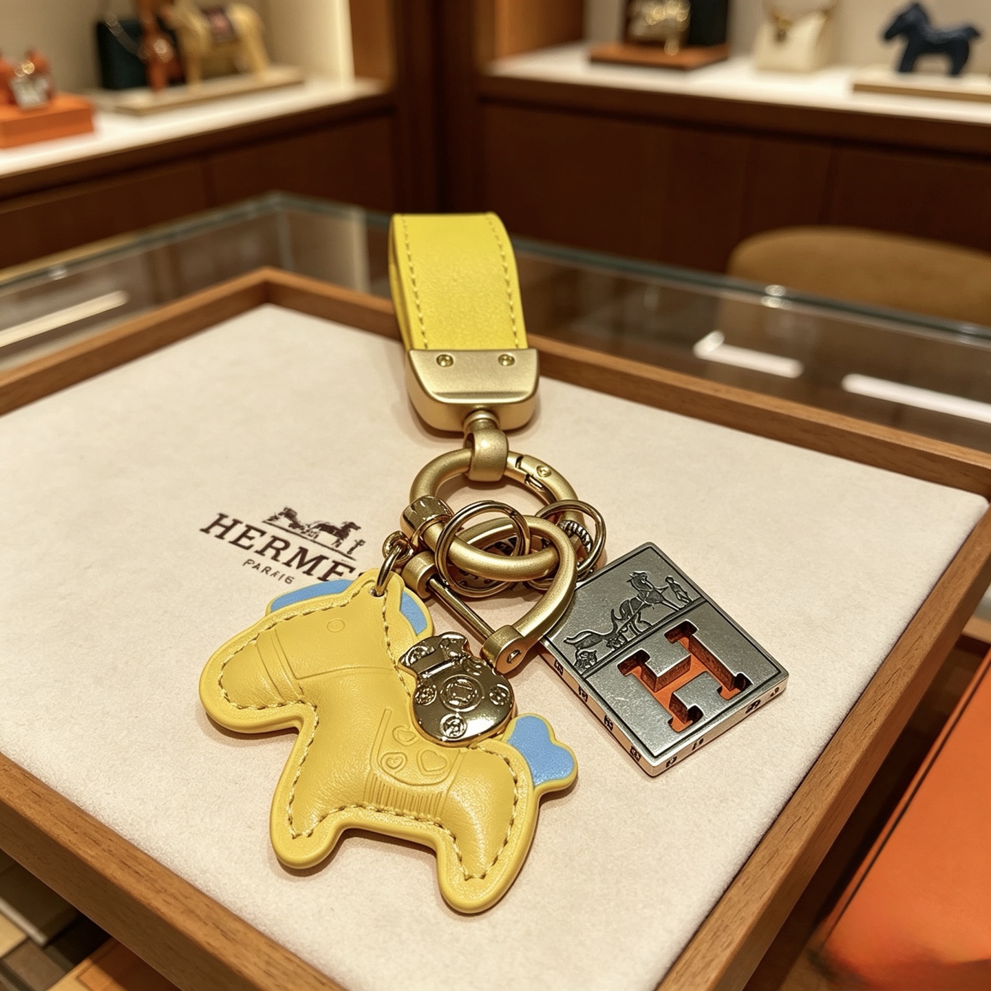 Pendentif Hermes Rodeo Horse H Logo Key Charm Quincaillerie en or mat Cuir jaune pâle avec des accents bleu clair Plaque logo H argentée Longueur totale 10 cm