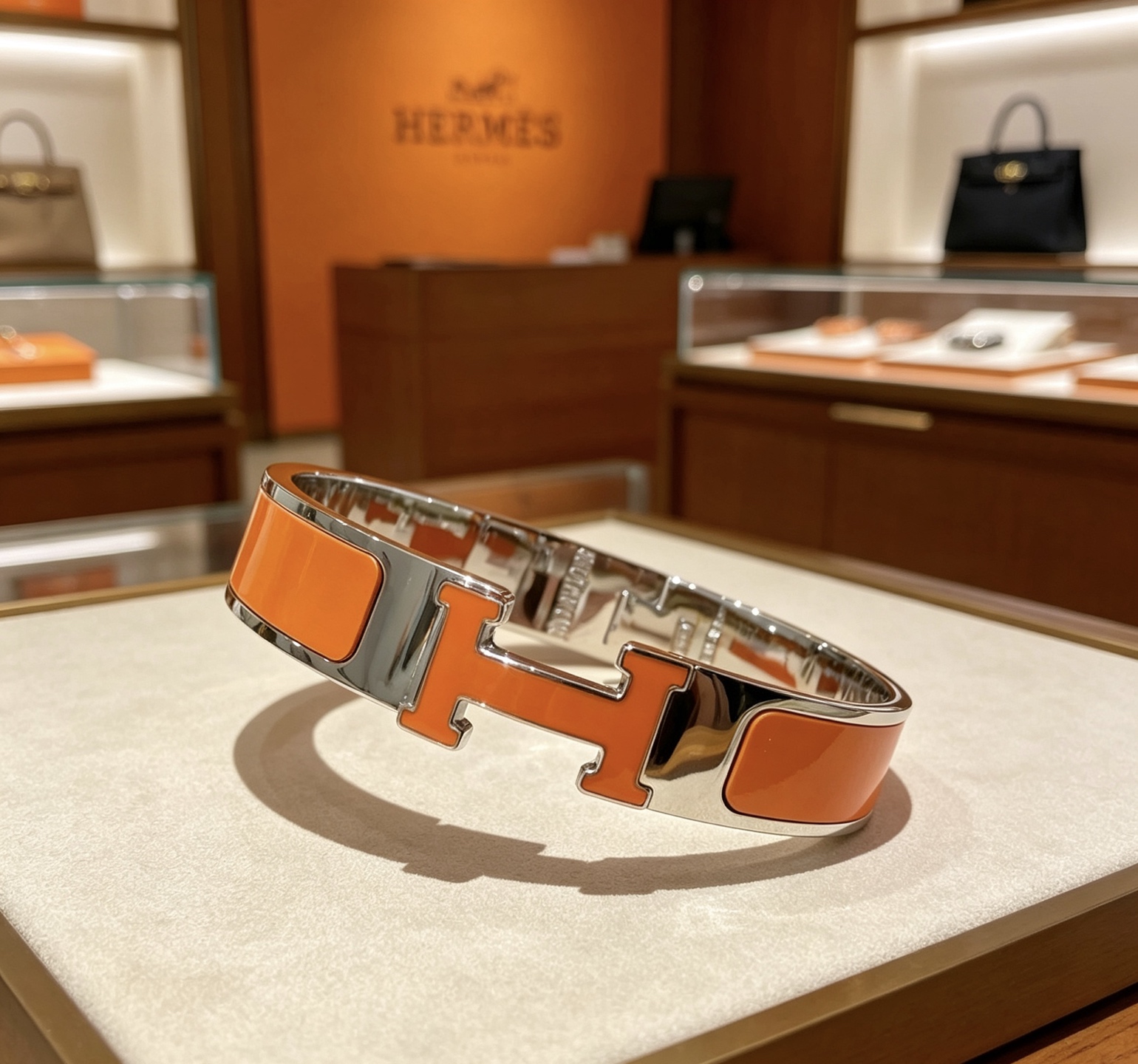 Pulsera Hermes Clic H metal plateado paladio esmalte naranja PM