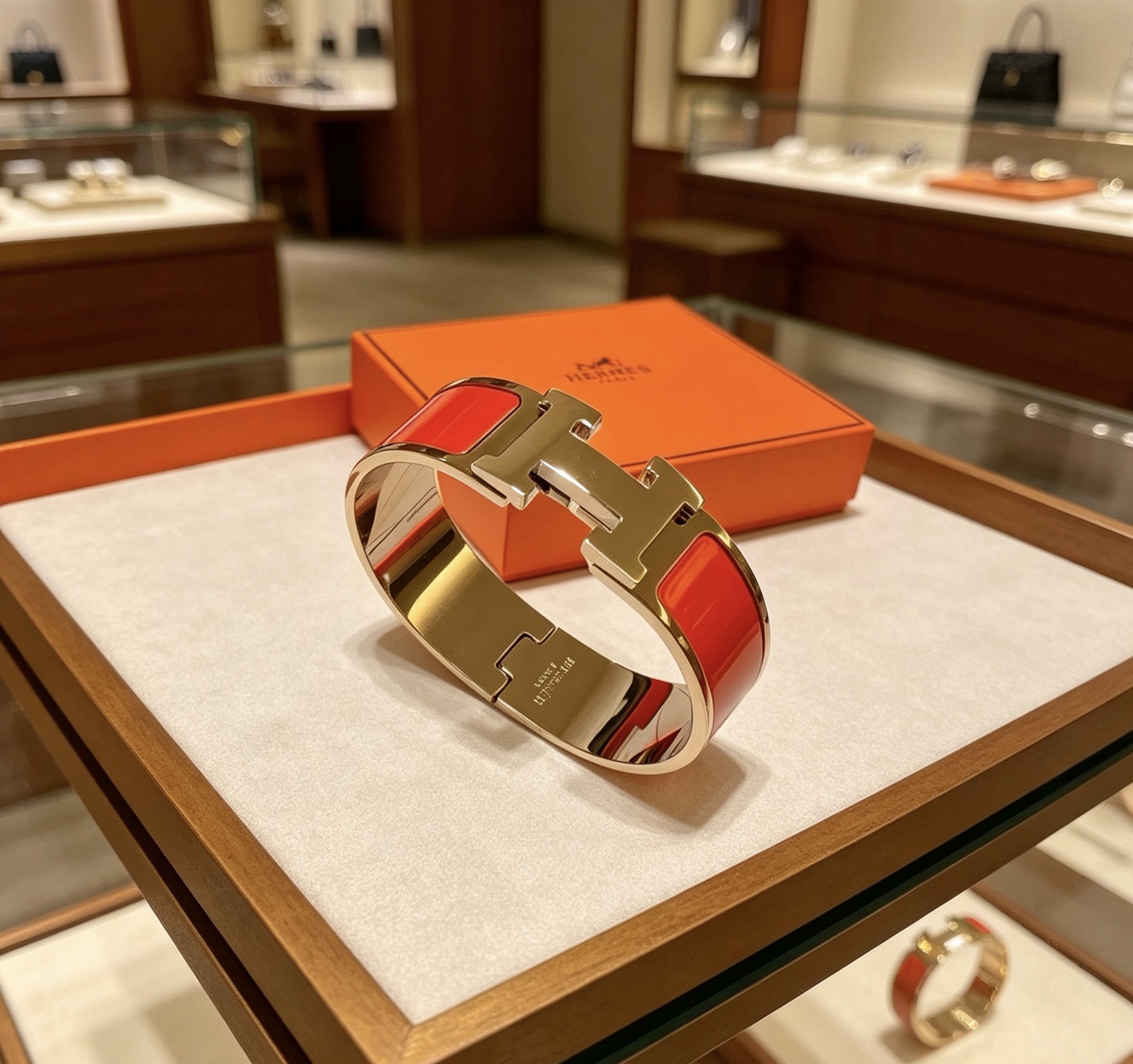 Hermes Clic Clac H bracelet gold-tone metal with bright orange enamel 18mm