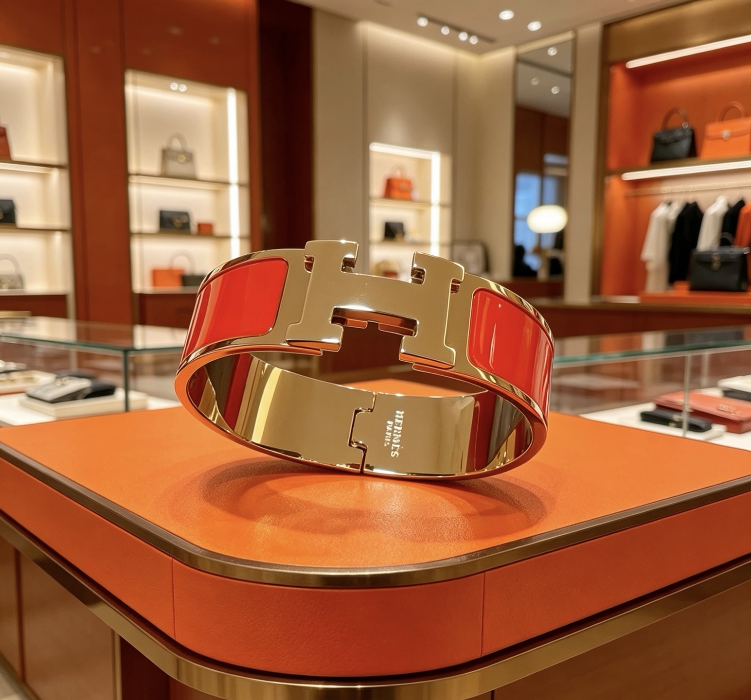 Hermes Clic Clac H bracelet gold-tone metal with bright orange enamel 18mm