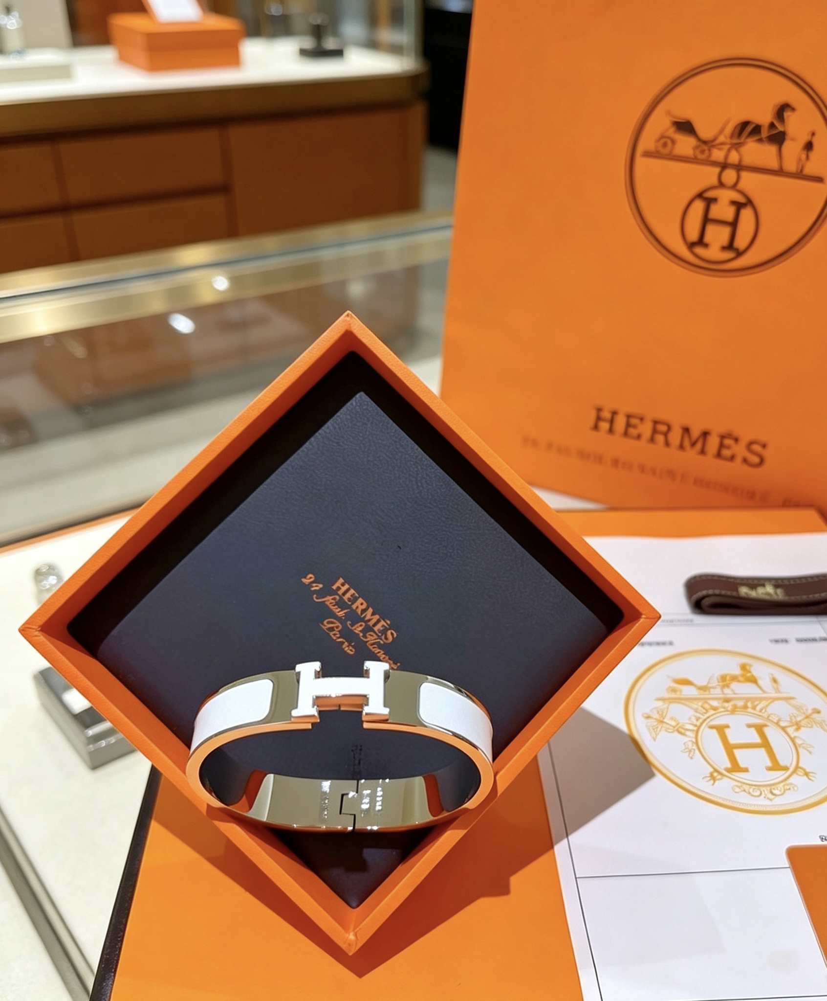 Hermes Clic H bracelet palladium plated metal white enamel PM
