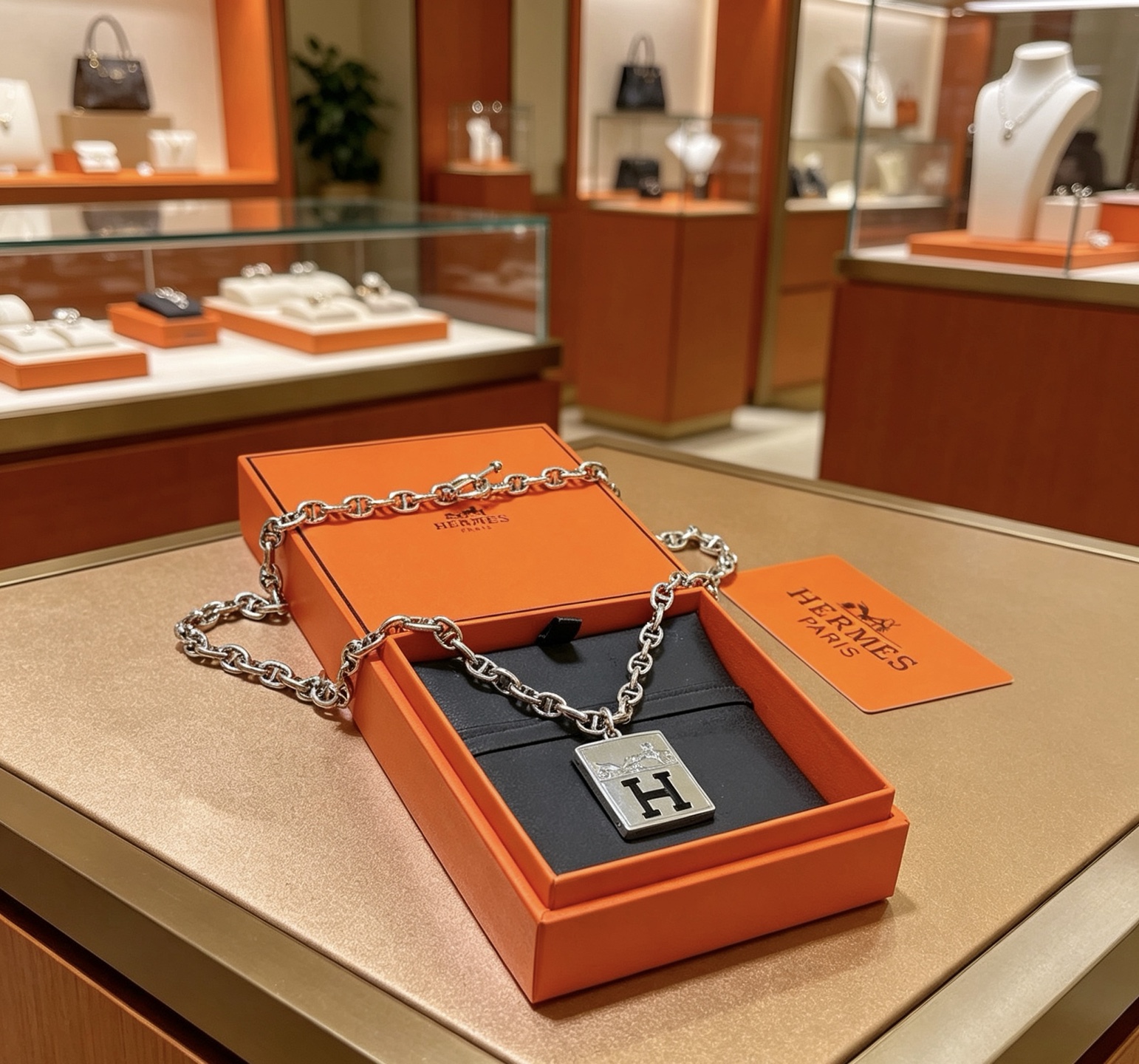 Hermes Chaine d Ancre H Carriage Pendant necklace Silver-toned metal with black enamel H detail 50cm