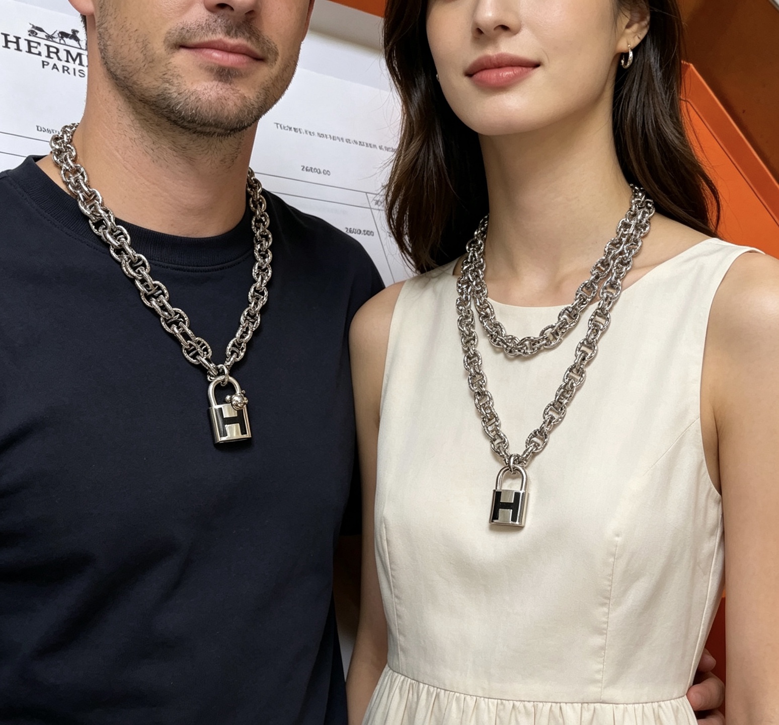 Hermes Cadenas H Lock Mickey Pendant Chaine d Ancre necklace silver-toned metal with black enamel 50cm