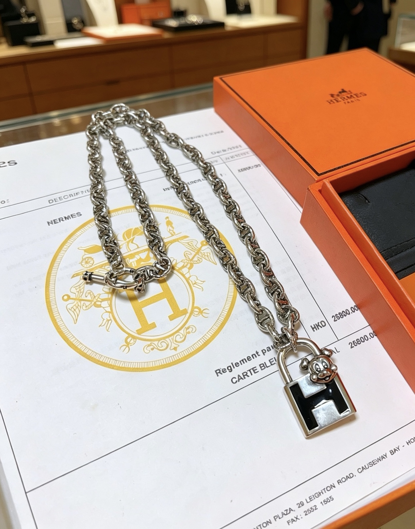 Hermes Cadenas H Lock Mickey Pendant Chaine d Ancre necklace silver-toned metal with black enamel 50cm