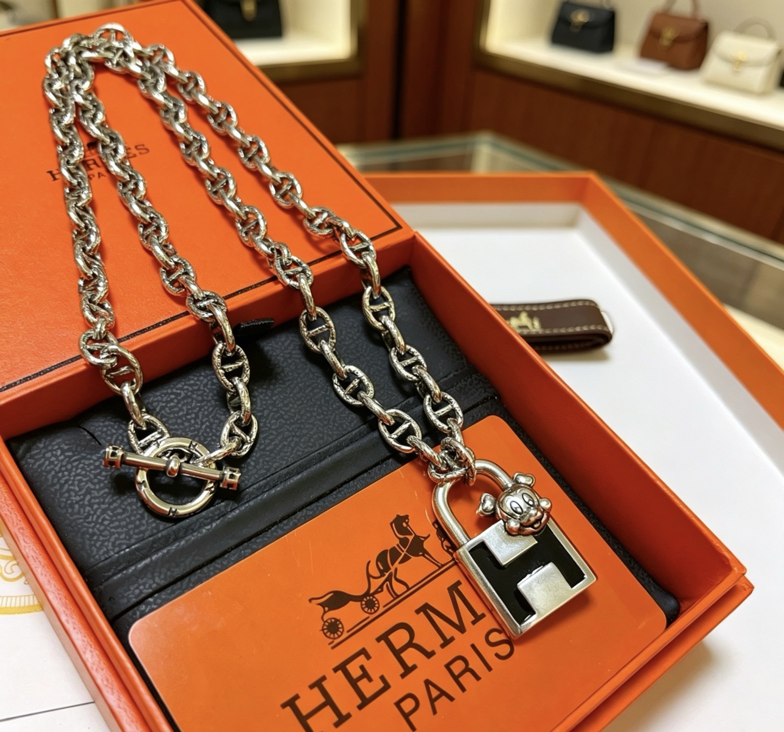 Hermes Cadenas H Lock Mickey Pendant Chaine d Ancre necklace silver-toned metal with black enamel 50cm