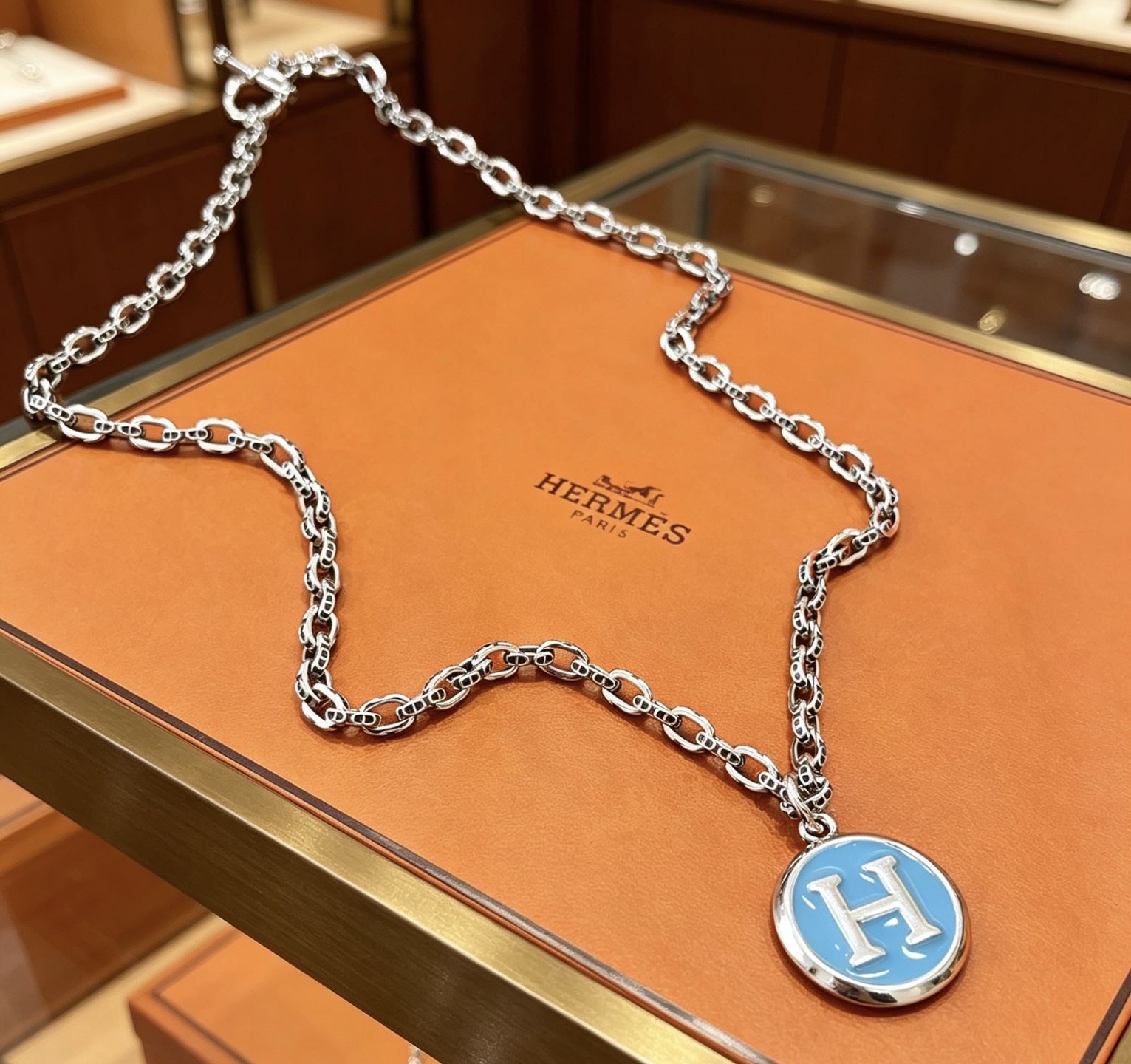 Hermes H Equipe necklace silver metal with light blue enamel 60cm