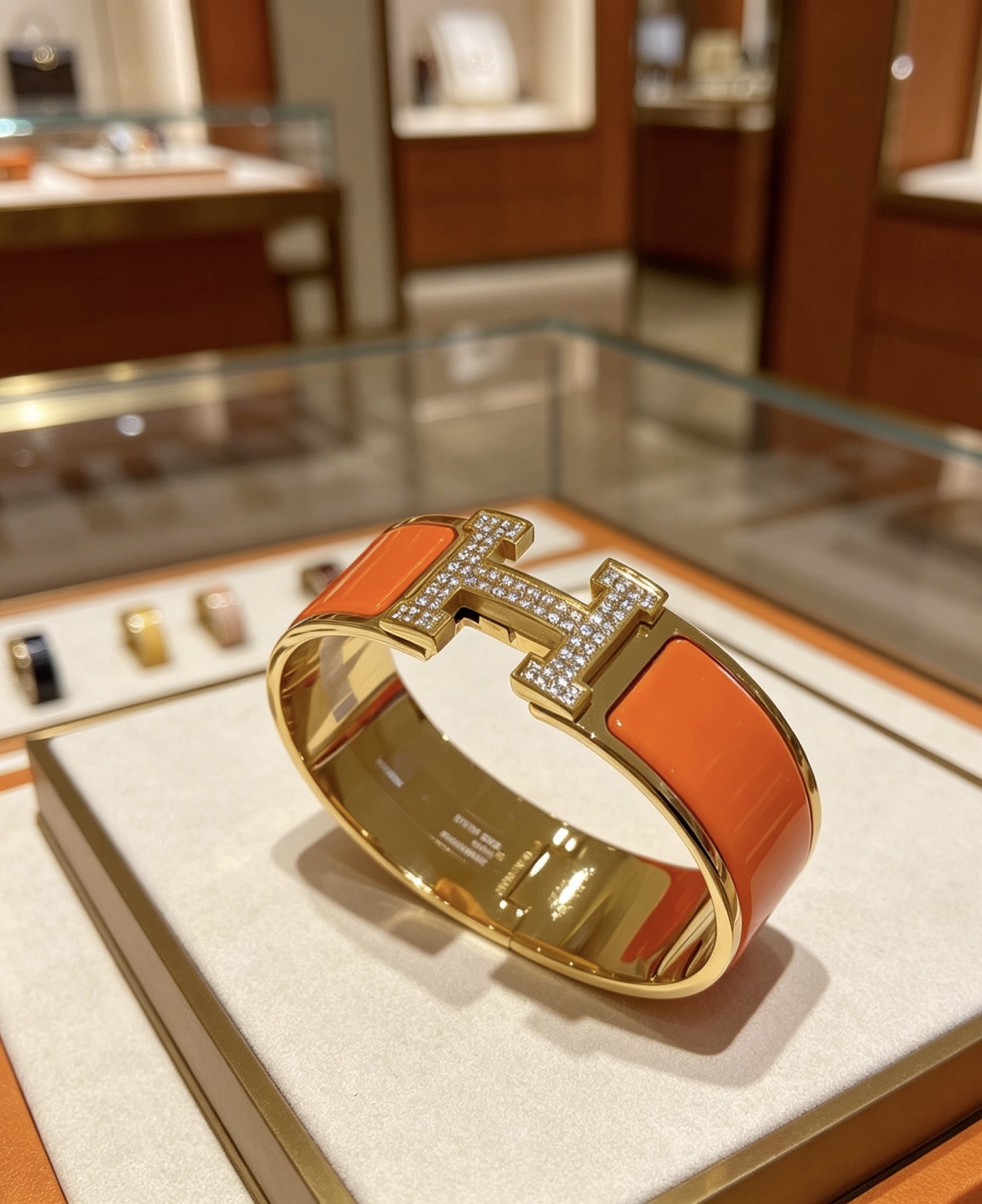 Hermes Clic Clac H Diamond Enamel Bracelet bracelet Yellow gold plated metal orange enamel clear diamond pave 20mm