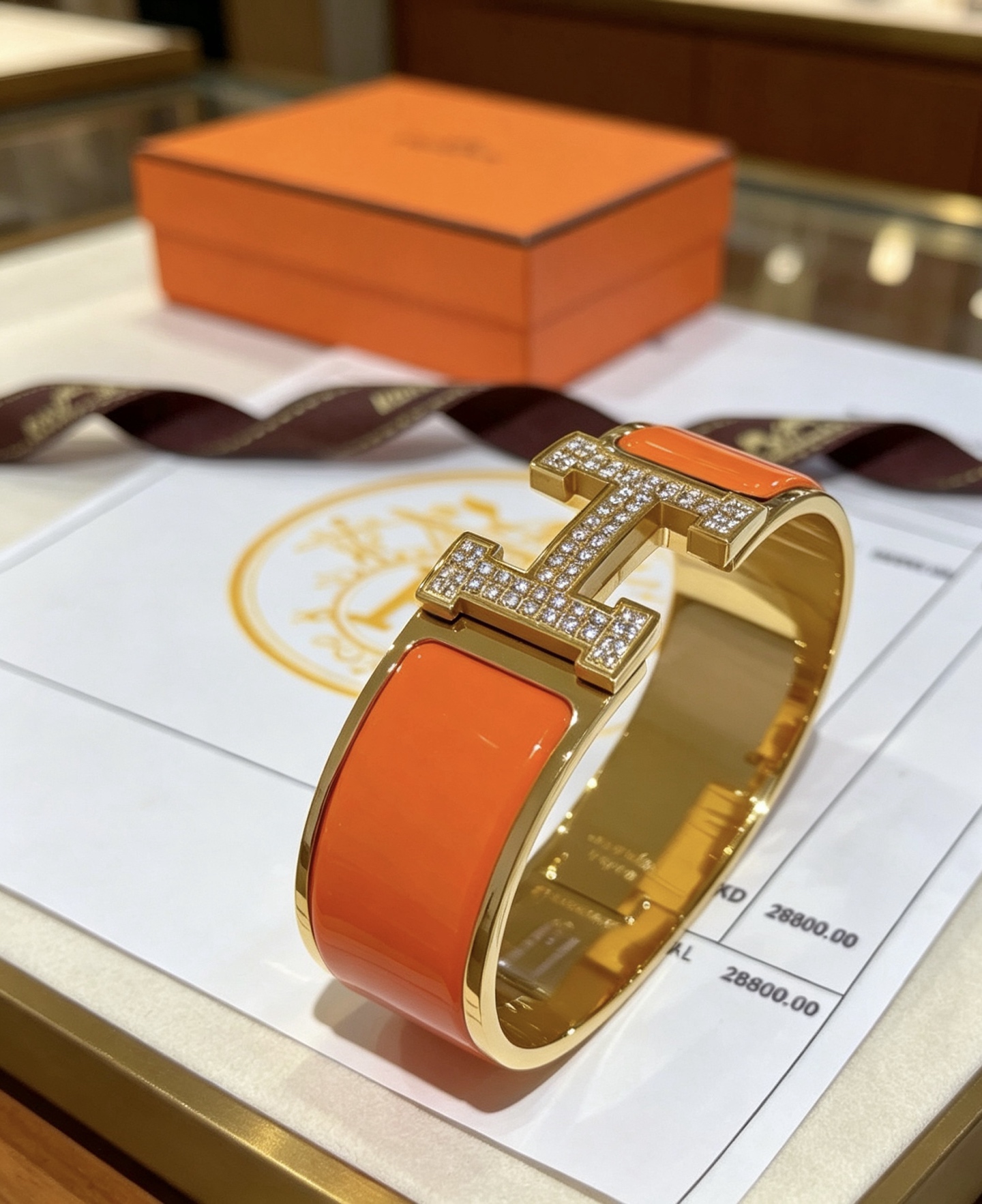 Hermes Clic Clac H Diamond Enamel Bracelet bracelet Yellow gold plated metal orange enamel clear diamond pave 20mm