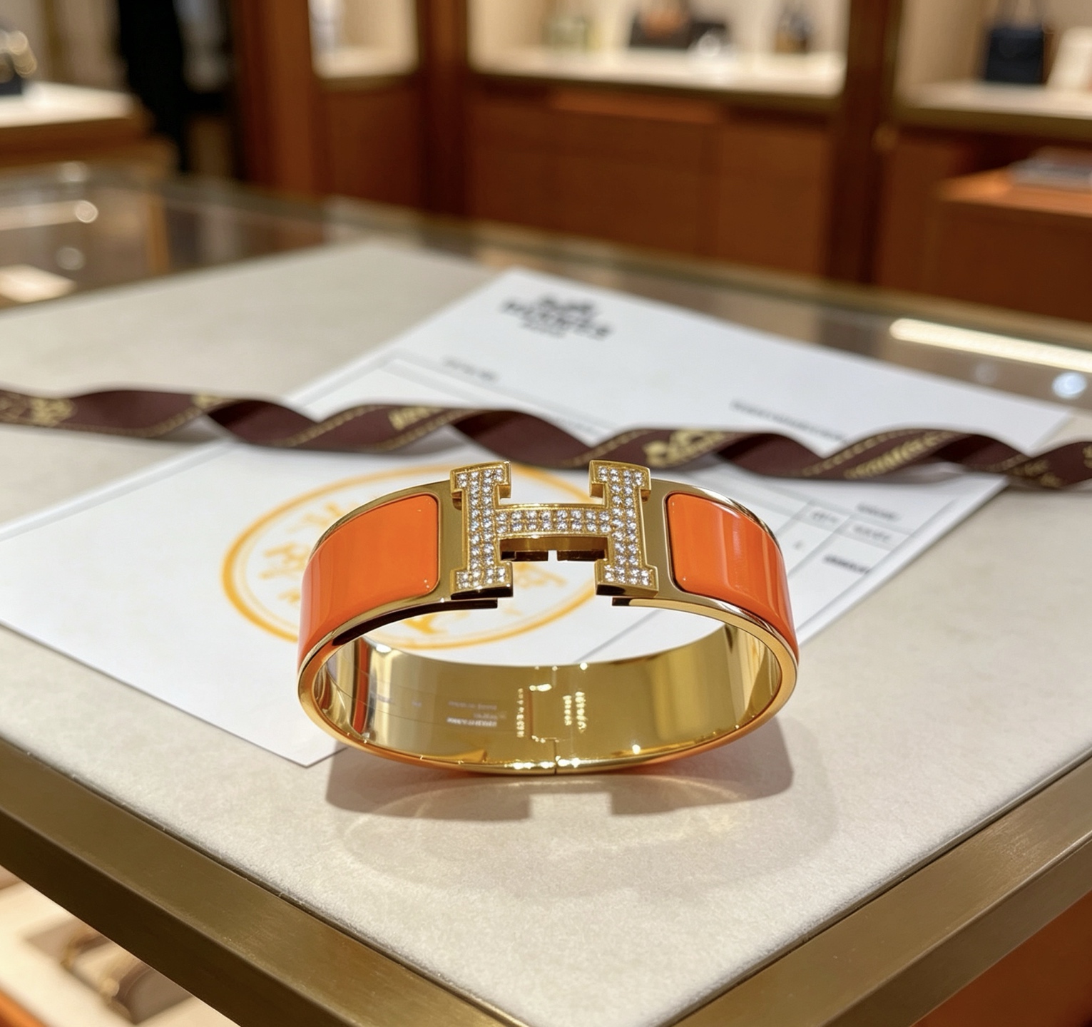 Hermes Clic Clac H Diamond Enamel Bracelet bracelet Yellow gold plated metal orange enamel clear diamond pave 20mm