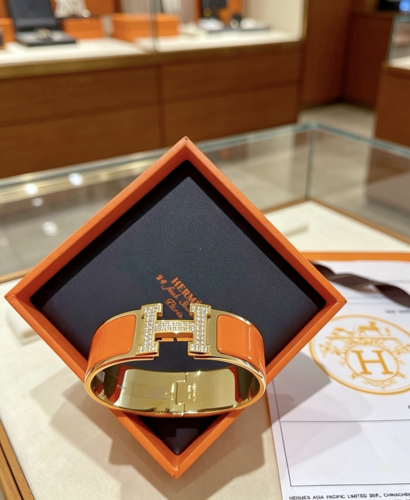 Hermes Clic Clac H Diamond Enamel Bracelet bracelet Yellow gold plated metal orange enamel clear diamond pave 20mm