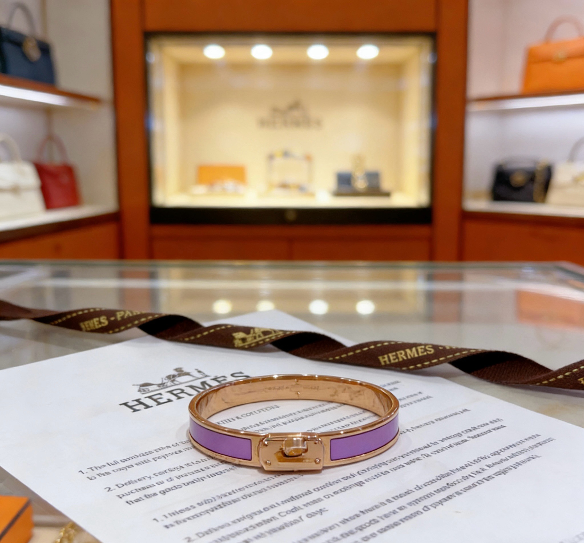 Hermes Kelly bracelet rose gold metal with lavender purple enamel inlay 17cm inner circumference
