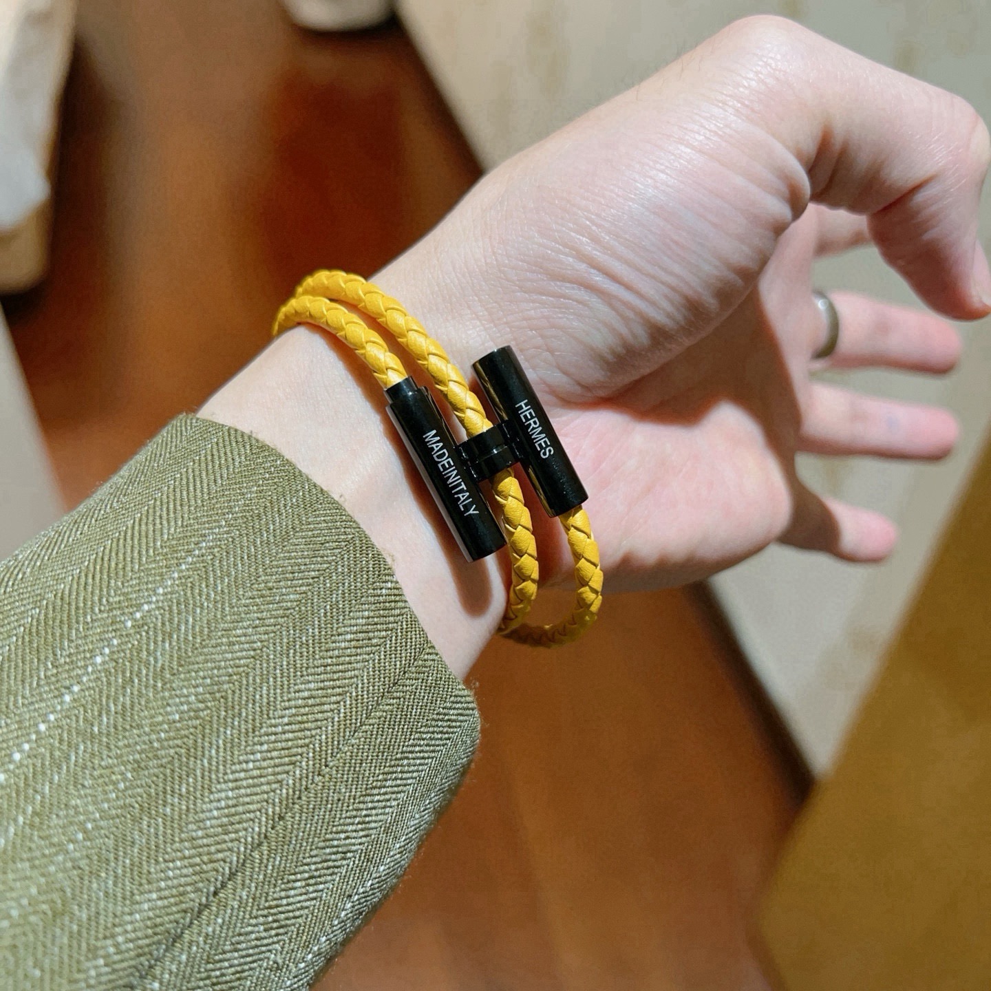 Hermes Tournis Tresse bracelet yellow braided leather black metal hardware 19cm