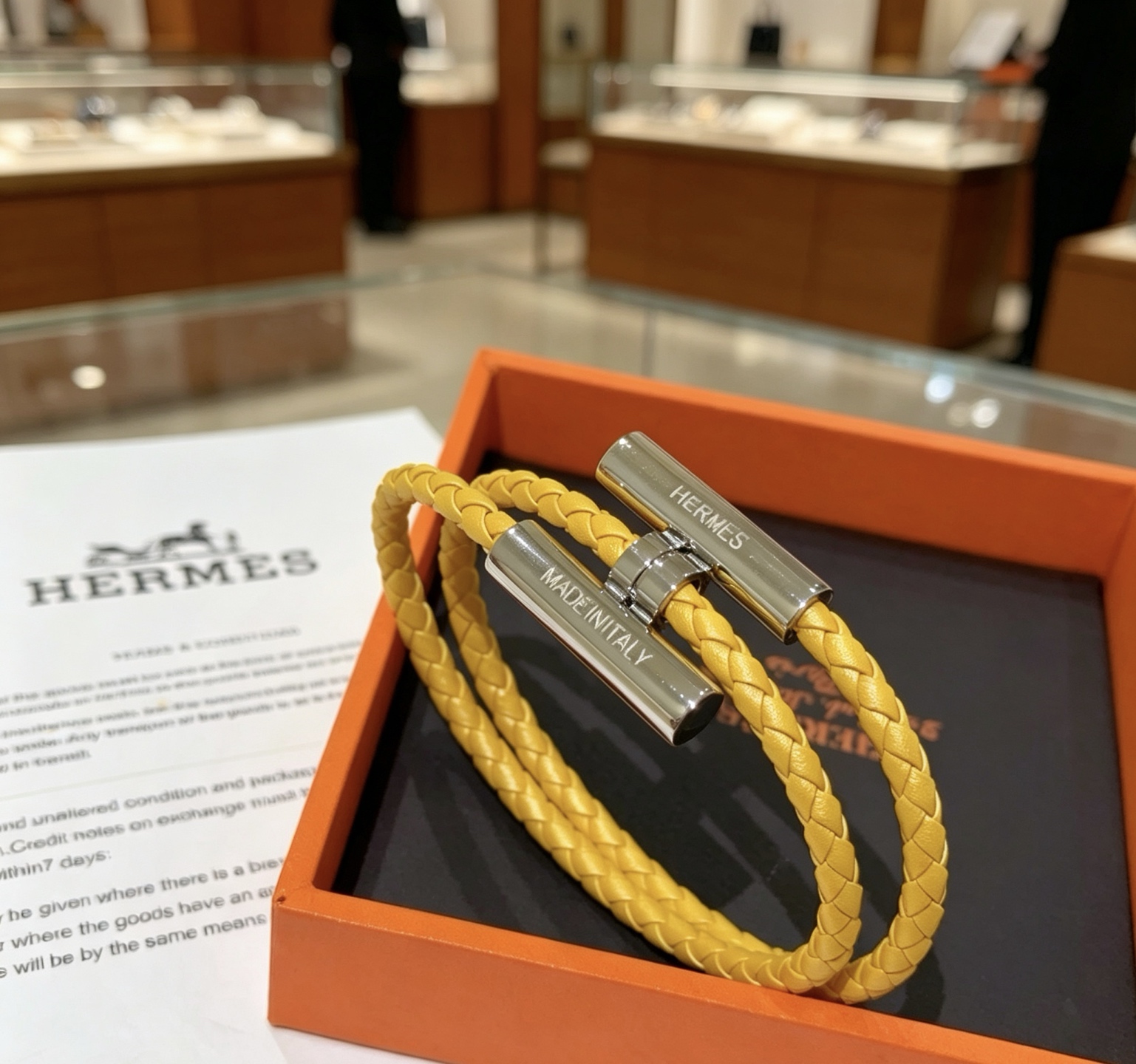 Hermes Tournis Tresse bracelet Sunflower yellow braided leather palladium-plated silver metal hardware T5 19cm