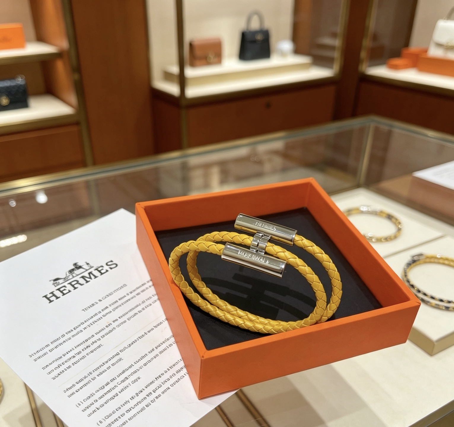 Hermes Tournis Tresse bracelet Sunflower yellow braided leather palladium-plated silver metal hardware T5 19cm