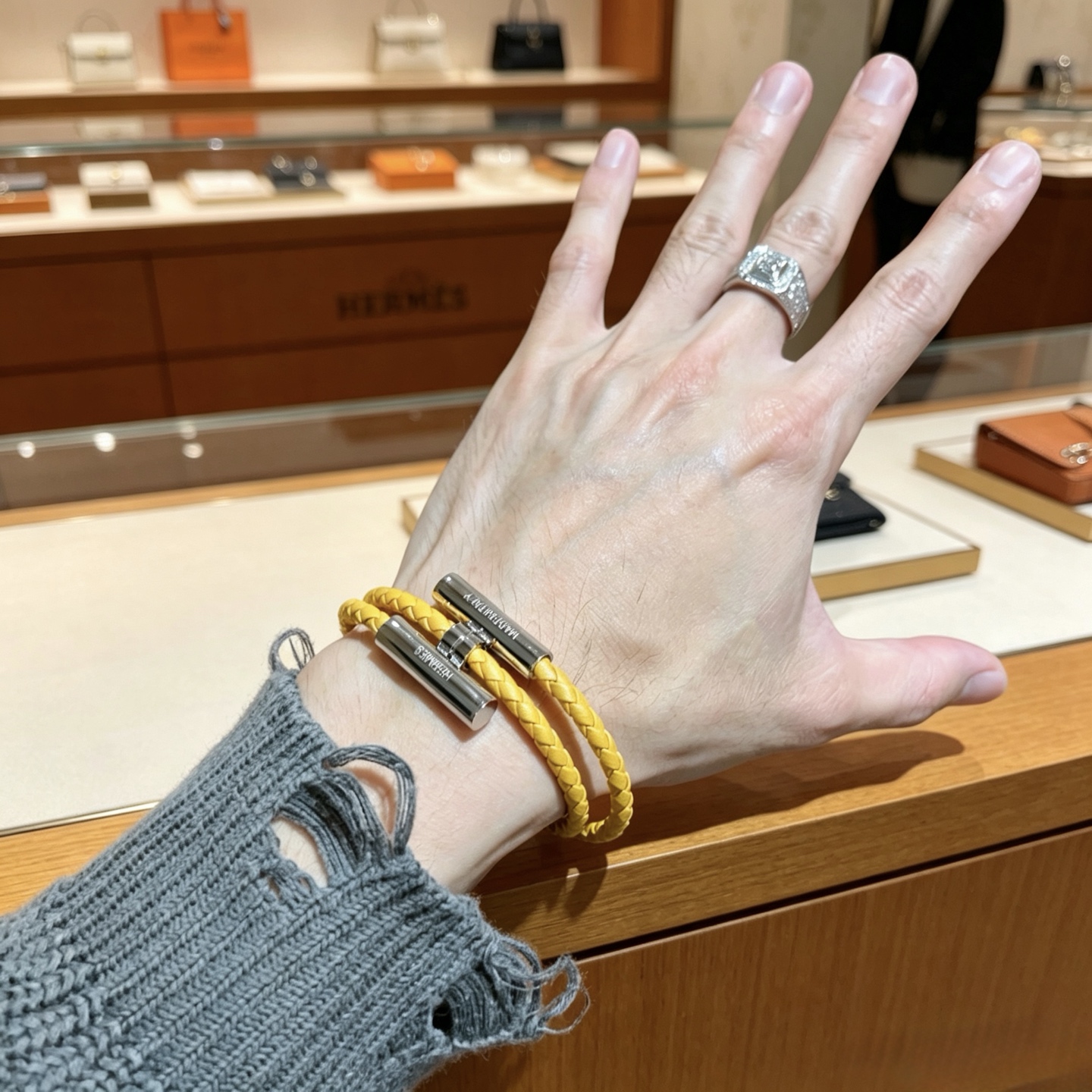 Hermes Tournis Tresse bracelet Sunflower yellow braided leather palladium-plated silver metal hardware T5 19cm