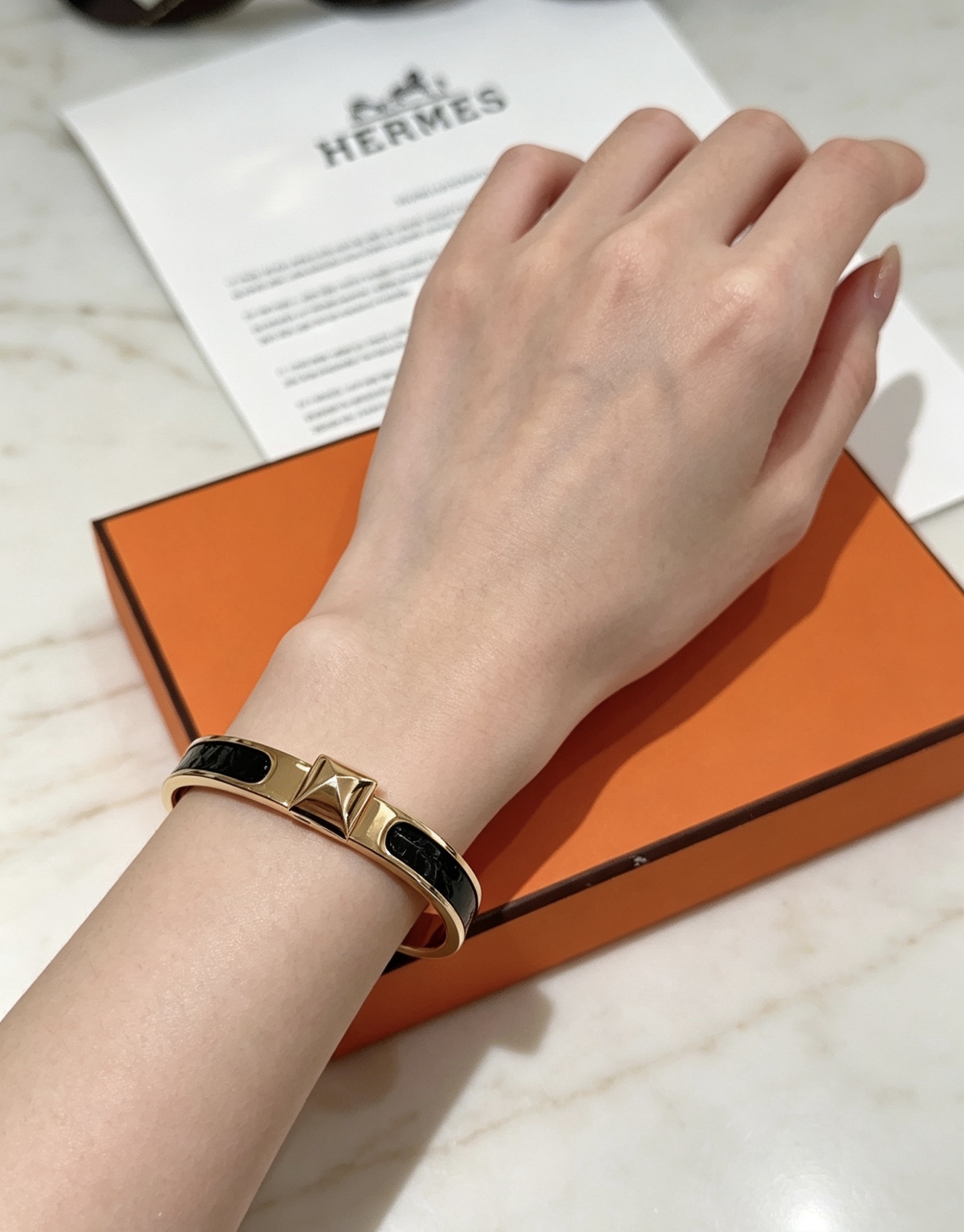 Hermes Mini Clic Clac d H bracelet Rose gold plated metal with black enamel inlay PM