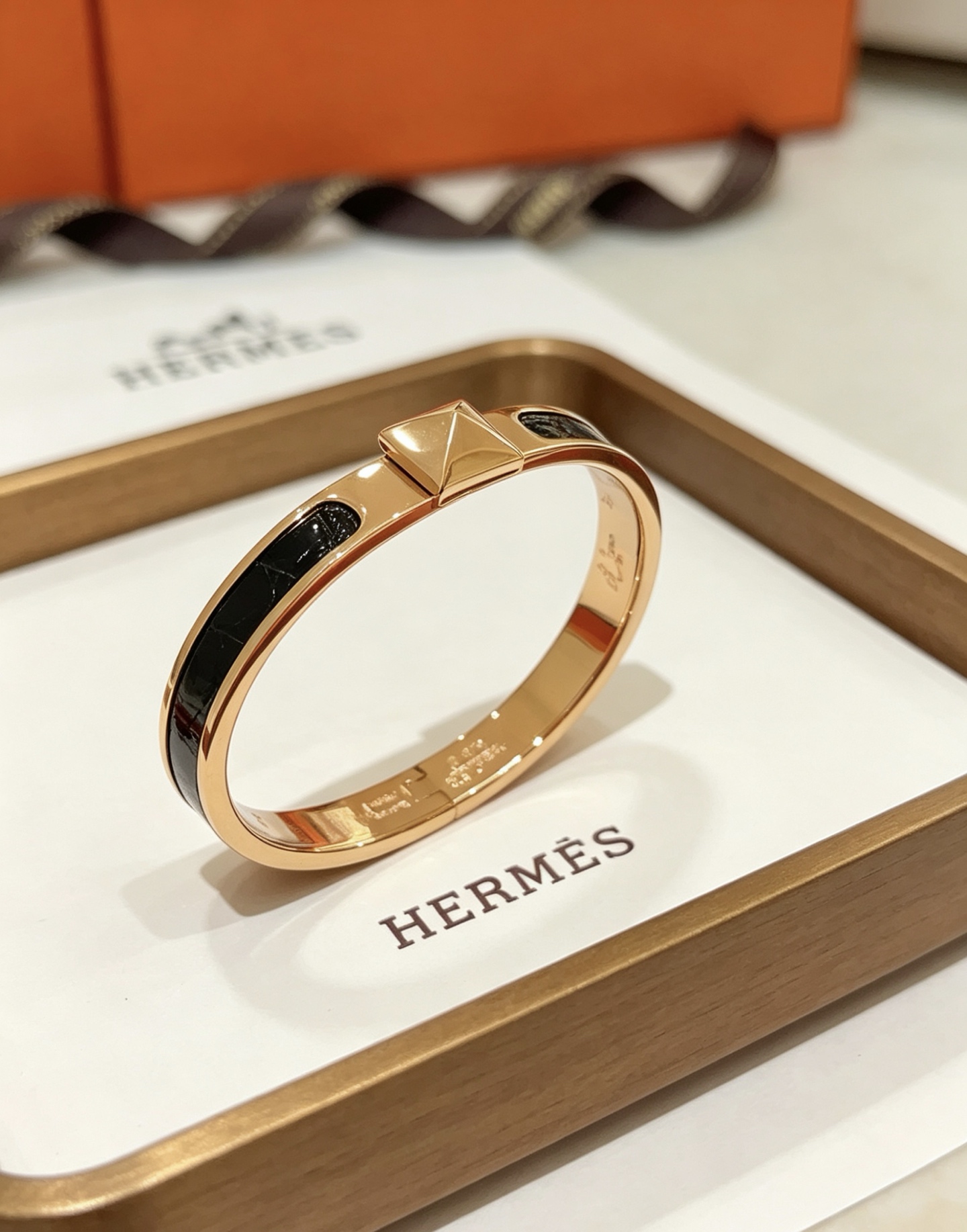 Hermes Mini Clic Clac d H bracelet Rose gold plated metal with black enamel inlay PM
