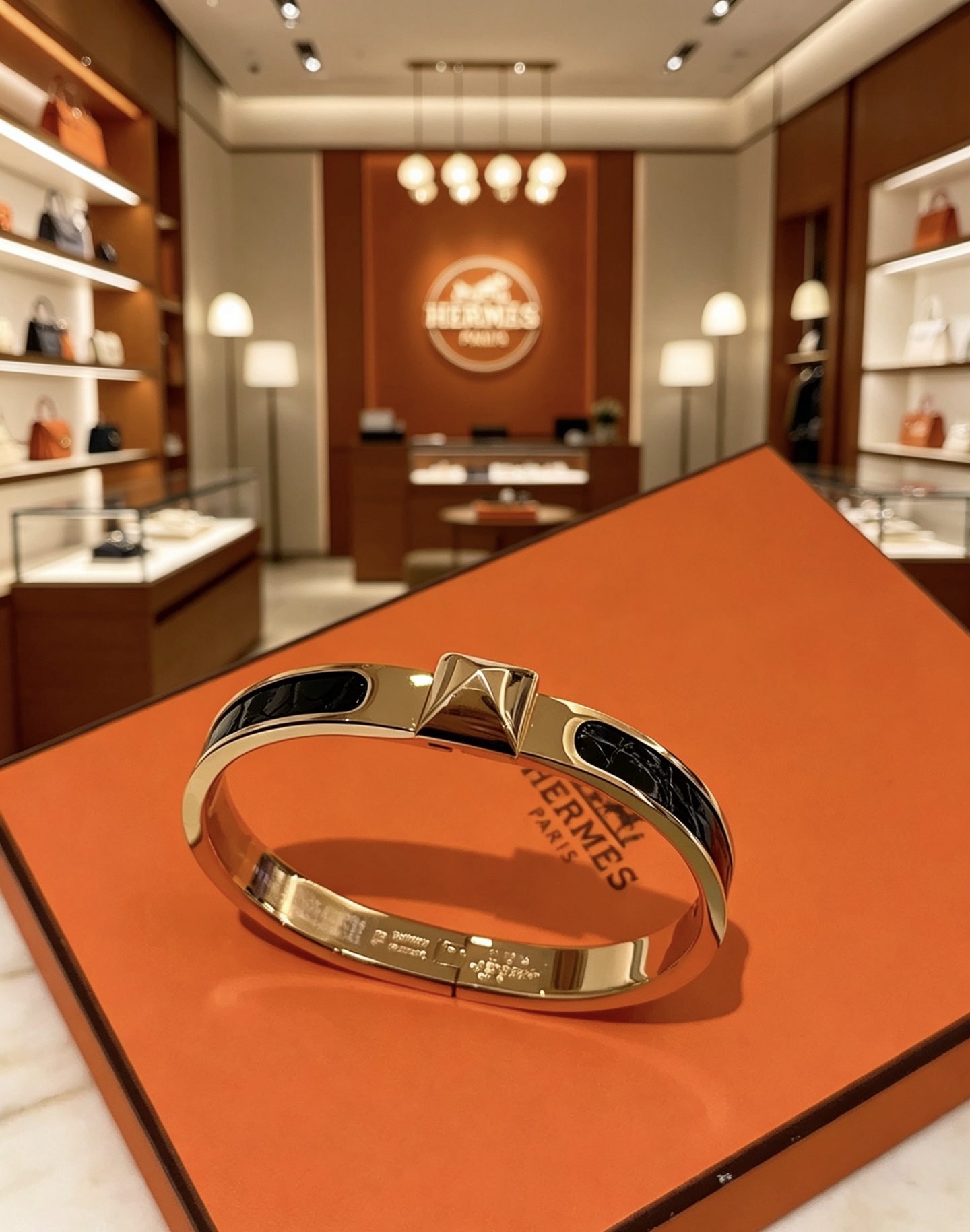 Hermes Mini Clic Clac d H bracelet Rose gold plated metal with black enamel inlay PM