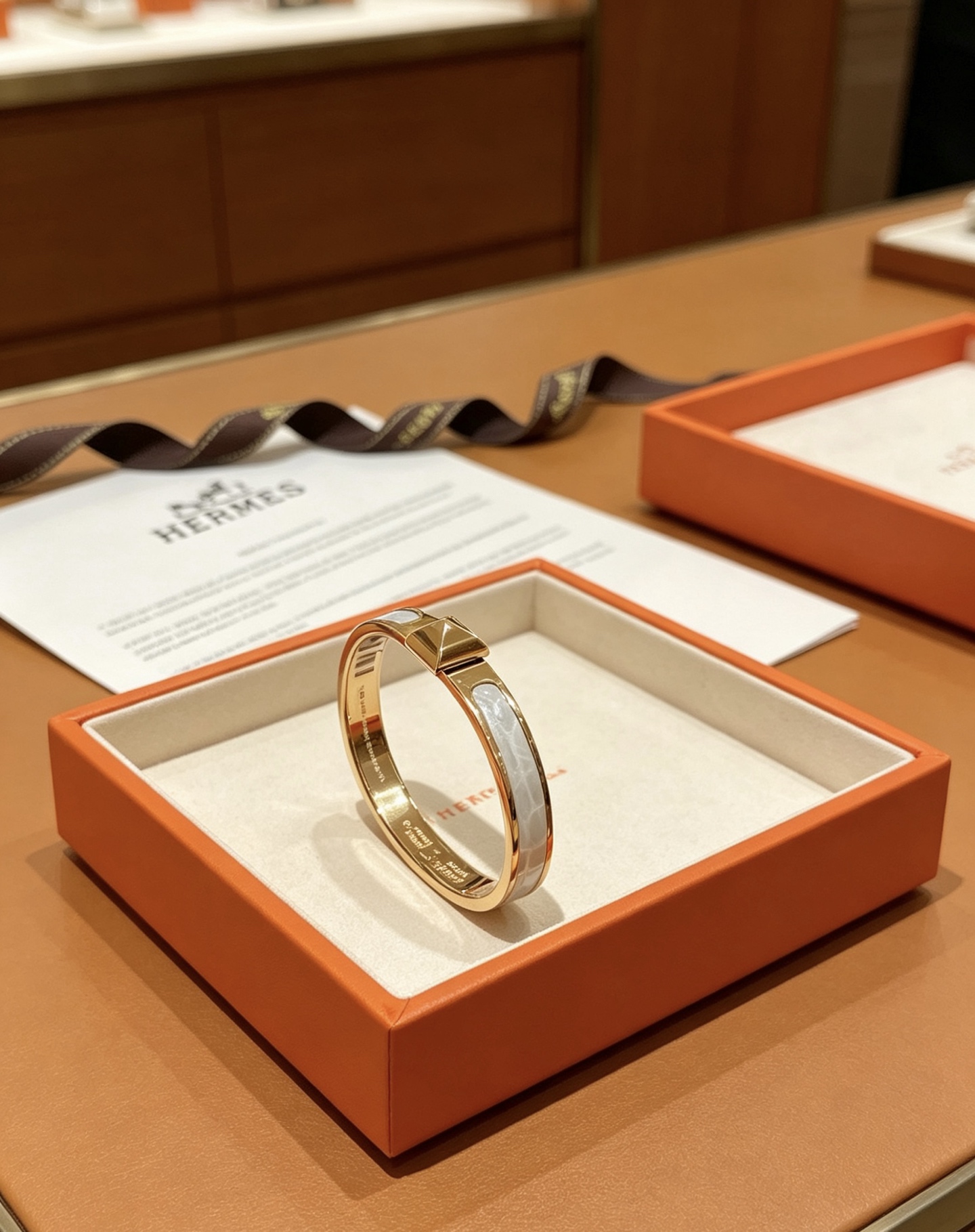 Bracelet Hermes Clic Clac H Crocodile en métal doré rose avec incrustation de cuir de crocodile gris circonférence intérieure 17 cm