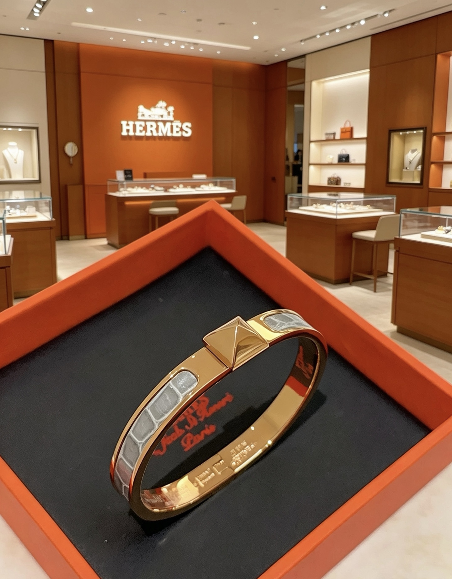 Bracelet Hermes Clic Clac H Crocodile en métal doré rose avec incrustation de cuir de crocodile gris circonférence intérieure 17 cm