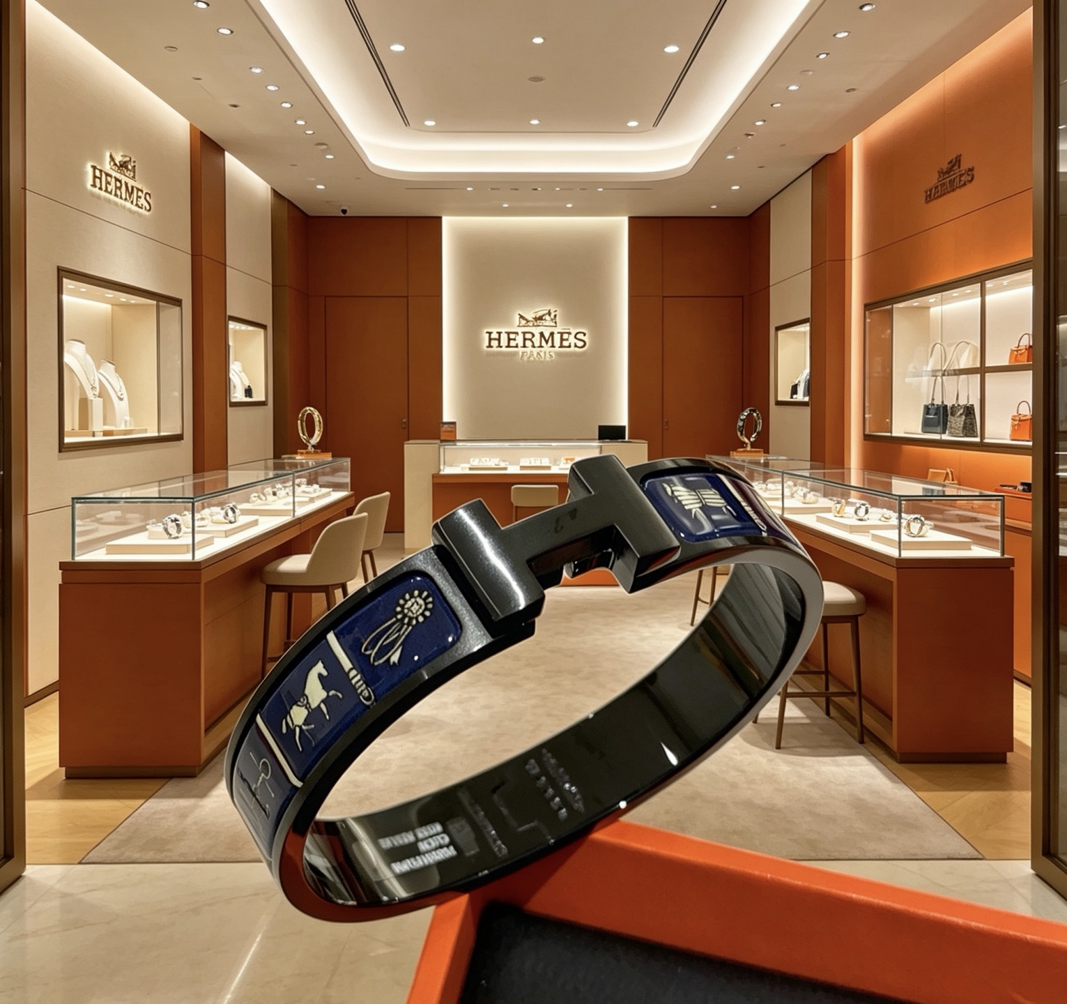 Hermes Clic Clac H Pulseira esmaltada com estampa equestre pulseira de metal banhado a preto com esmalte azul marinho e padrão equestre dourado claro 19